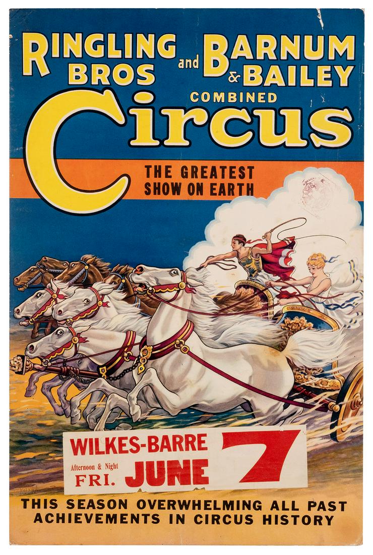 Ringling Bros. and Barnum & Bailey. Circa 1930s.: Ringling Bros. and Barnum & Bailey. Circa 1930s. Designed by Roland Butler. Window card (22 x 14”) depicting charioteers. Date-label for Wilkes-Barre. Some light skinning and minor wear to edges