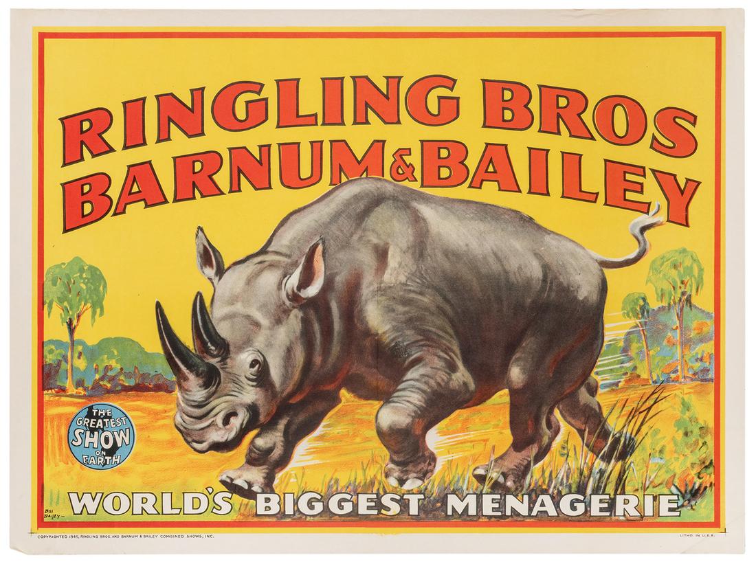 Ringling Bros. and Barnum & Bailey. [Rhino]. 1945.: Ringling Bros. and Barnum & Bailey. [Rhino]. 1945. Designed by Bill Bailey. Half sheet (21 x 28”). Unmounted. Old folds, marginal creases and short closed tears. B+.