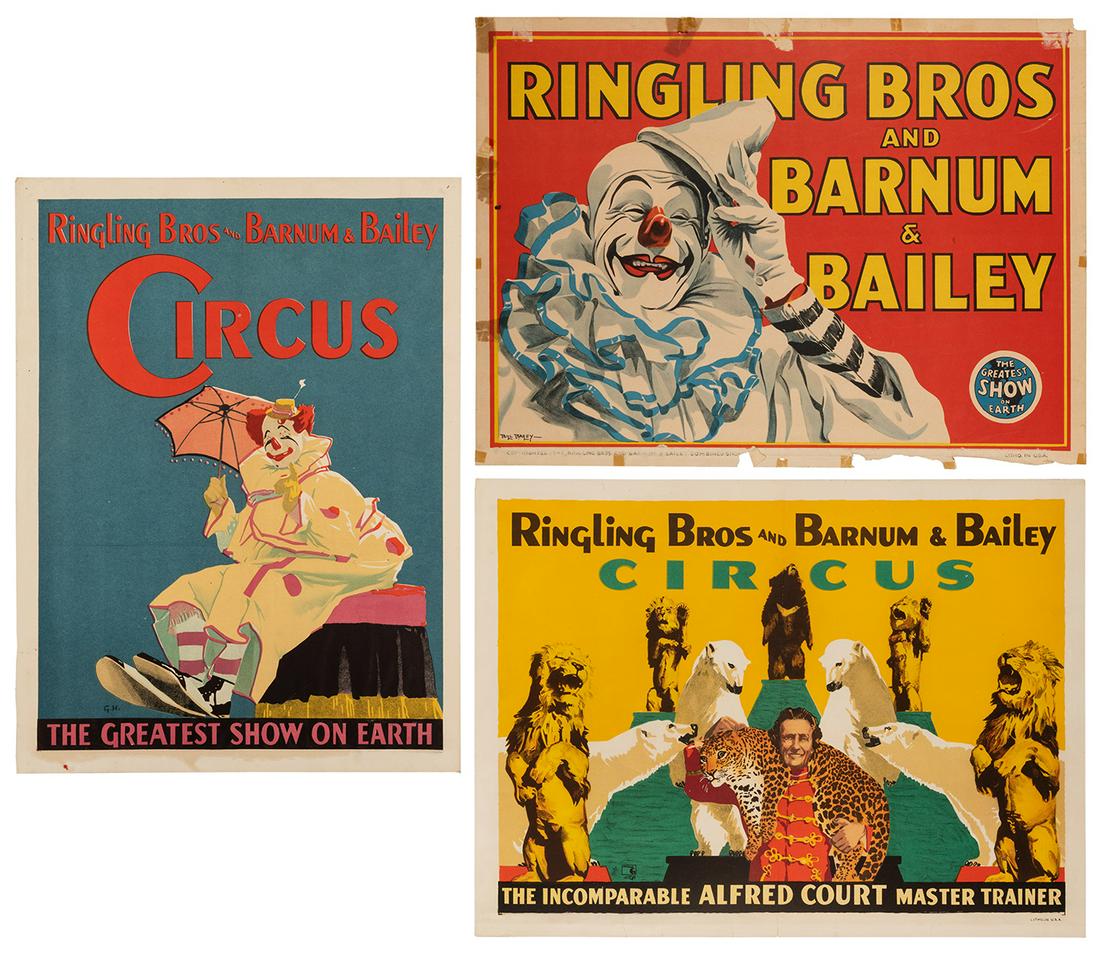 Ringling Bros. and Barnum & Bailey. Trio of Posters.: Ringling Bros. and Barnum & Bailey. Trio of Posters. USA, ca. 1940s/60s. Offset color lithographs, including Alfred Court Master Trainer; Clown with Umbrella; and Clown (designed by Bill Bailey). Appr
