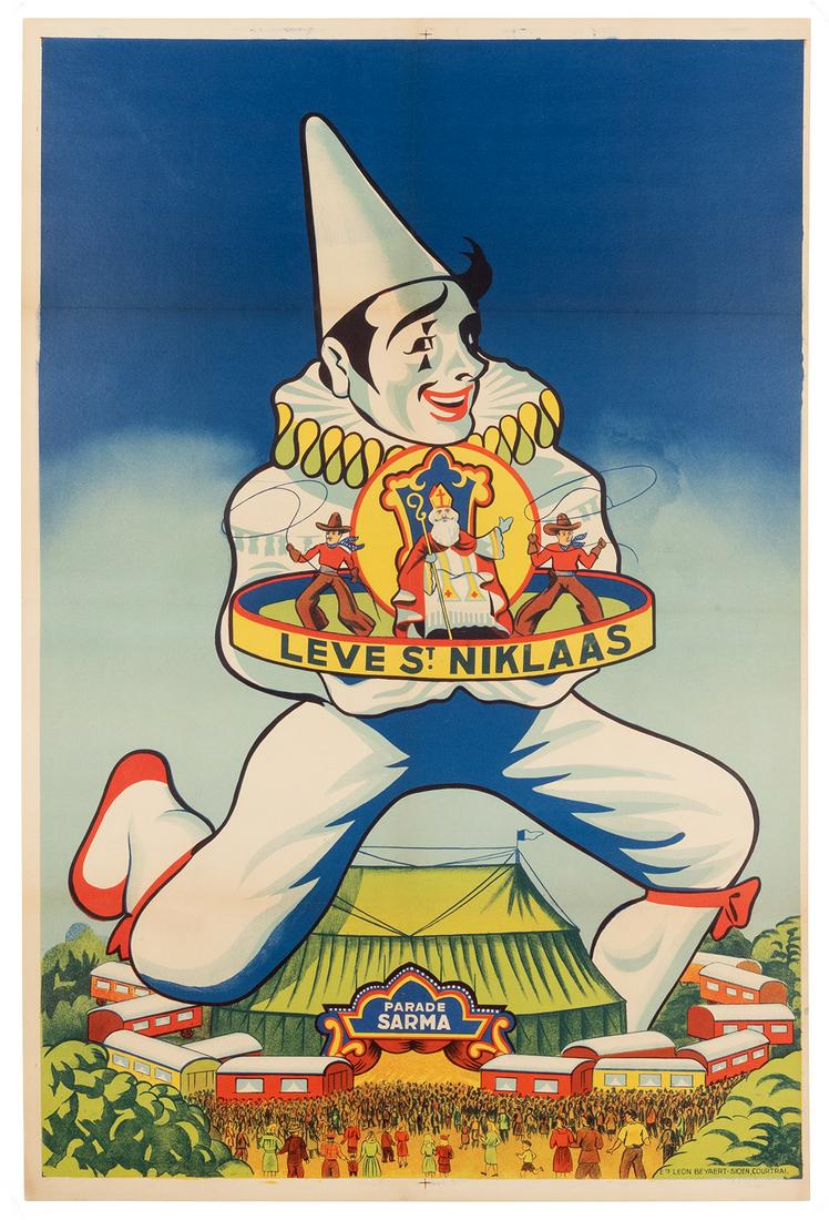 Leve St. Niklaas / Sarma Parade. Courtrai: Leon: Leve St. Niklaas / Sarma Parade. Courtrai: Leon Beyaert, ca. 1950s. Belgian color lithograph circus poster depicting a larger-than-life clown towering over a circus tent, and holding a tray with cowbo