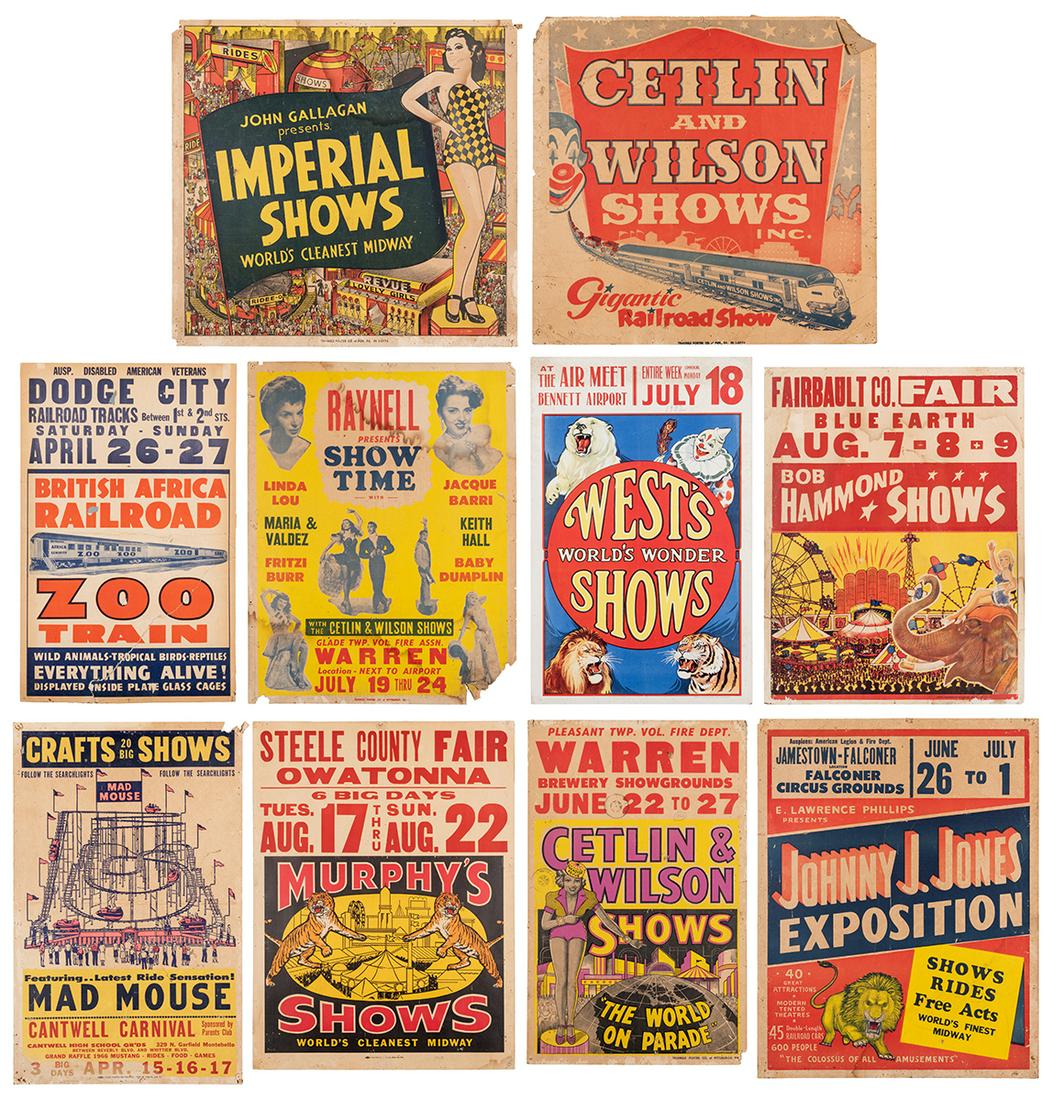 Lot of 10 Carnival Window Cards. 1930s/60s. Including: Lot of 10 Carnival Window Cards. 1930s/60s. Including Cetlin & Wilson; Johnny J. Jones; West’s Wonder Shows; British Africa Railroad Zoo Train; Crafts Shows; John Galland Imperial Shows; Bob Ham