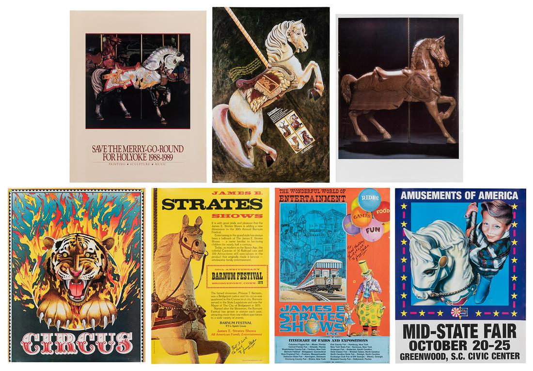 Group of 7 Carousel / Carnival Posters. 1980s.: Group of 7 Carousel / Carnival Posters. 1980s. Including (2) James Strates posters, both inscribed and signed by E. James Strates; (3) color carousel posters, one commemorating USPS stamps on that the
