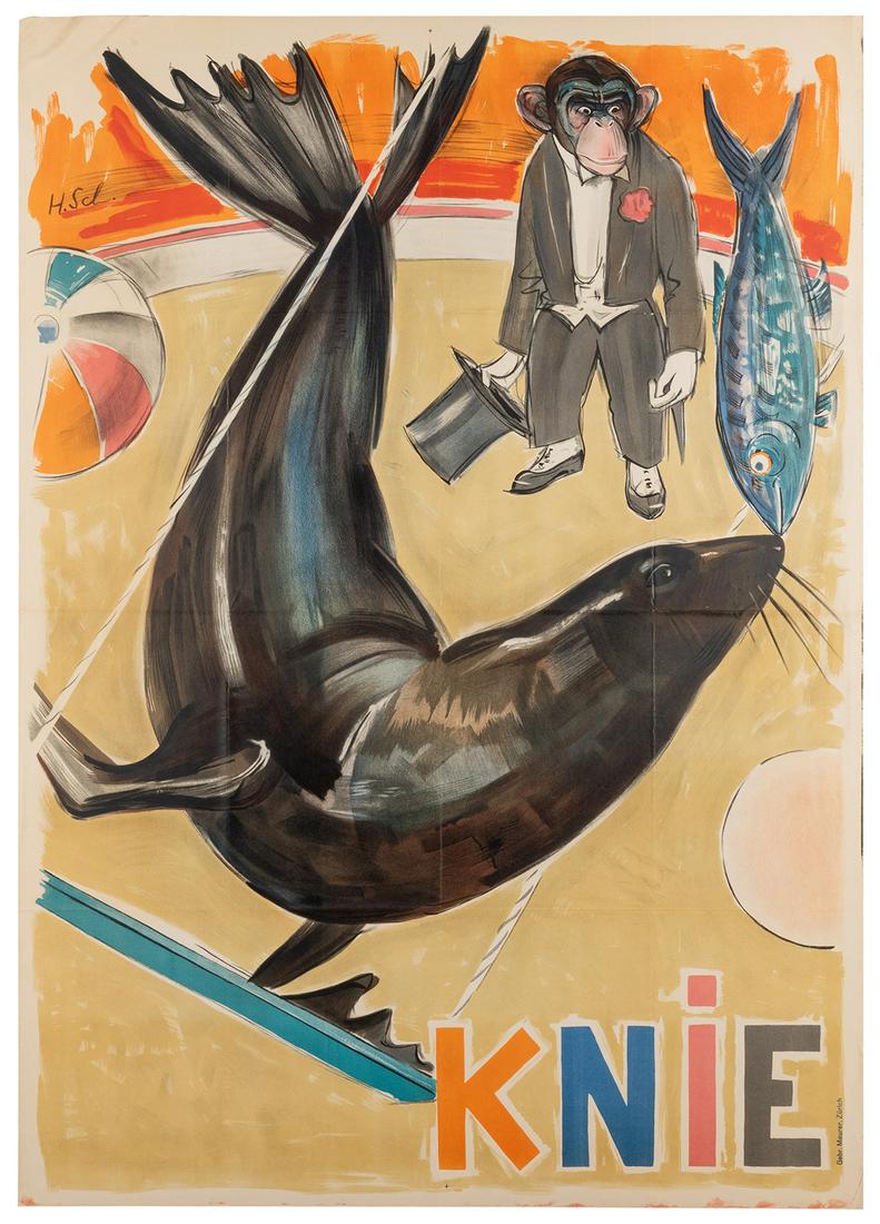 Schoellhorn, Hans. Knie. Zurich: Maurer, ca. 1960s.: Schoellhorn, Hans. Knie. Zurich: Maurer, ca. 1960s. Offset lithograph depicts a monkey ringmaster watching a trained seal. 50 ¼ x 35 ¼”. Unmounted. Folded as issued. Patch of creases u