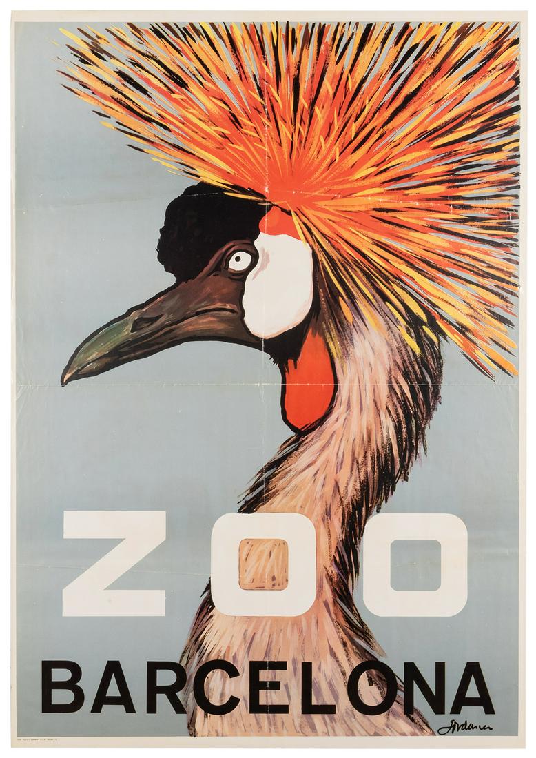 Zoo. Barcelona. Agustin Bastard, ca. 1970s. Original: Zoo. Barcelona. Agustin Bastard, ca. 1970s. Original glossy advertising poster depicting a Crowned Crane. 39 ½ x 27 ½”. Unmounted. Folded as issued, with some creases in image, light a