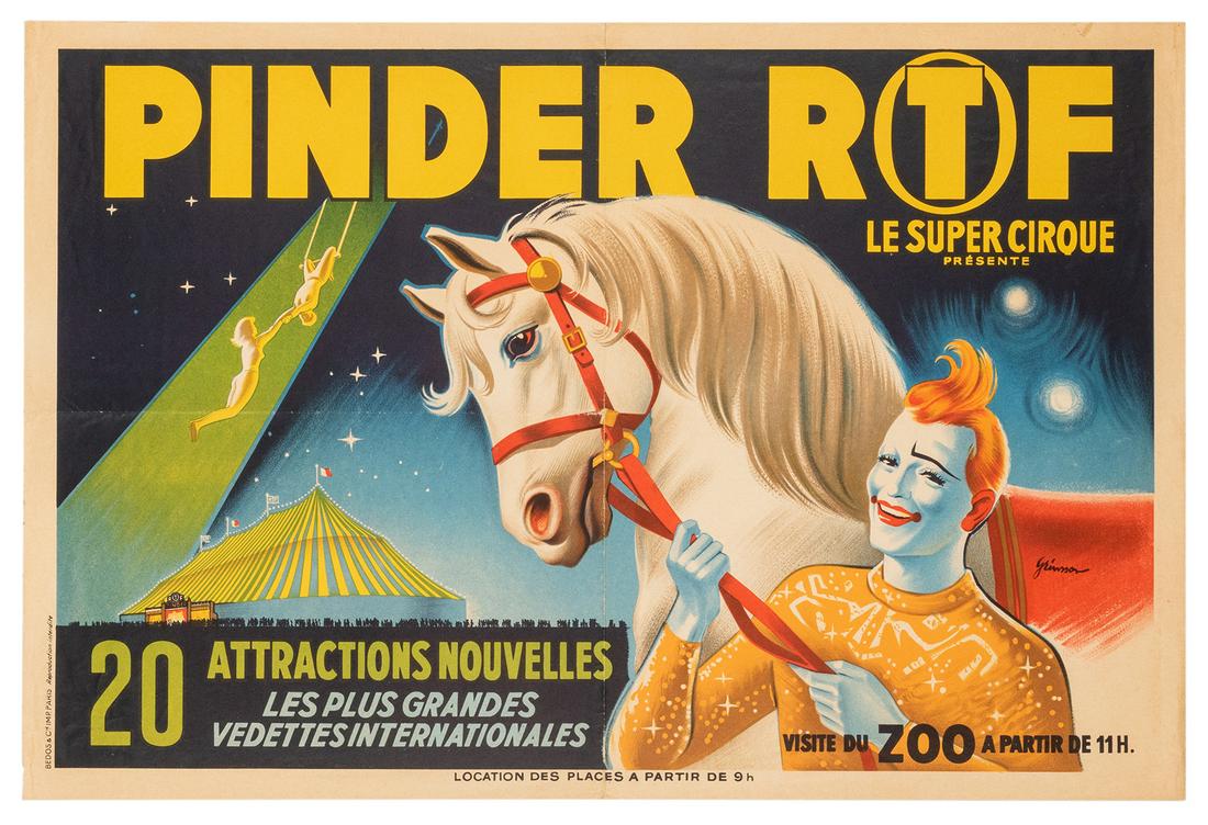 Pinder RTF Super Cirque. Paris: Bedos & Cie, ca. 1950s.: Pinder RTF Super Cirque. Paris: Bedos & Cie, ca. 1950s. Offset lithograph of a clown leading a stallion toward the circus tent on a starry night. 15 ¾ x 23 ¼”. Unmounted. Folds; short 