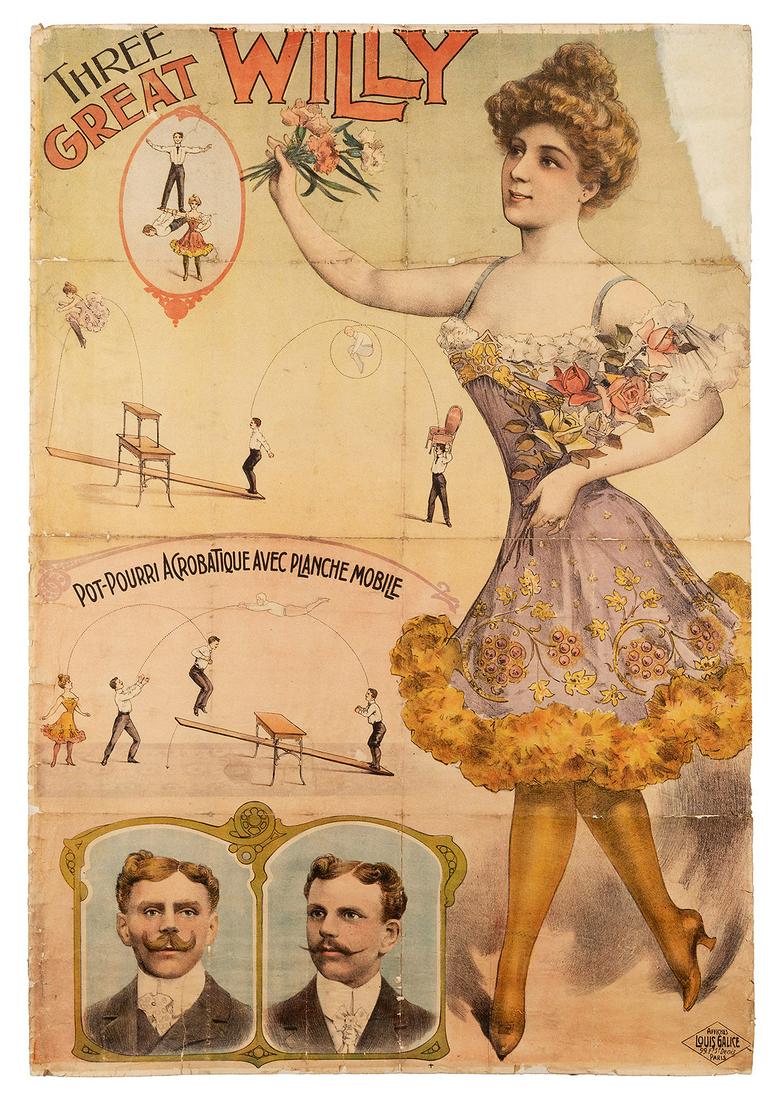 The Great Willy. Pot-Pourri Acrobatique avec Planche: The Great Willy. Pot-Pourri Acrobatique avec Planche Mobile. Paris: Louis Galice, ca. 1910s. Color lithograph depicts the trio’s various feats of acrobatics, with inset portraits and a full-leng