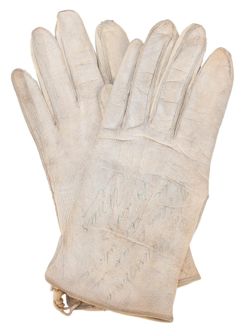 Unus (Franz Furtner) (1907-1994). A Pair of Unus’s: Unus (Franz Furtner) (1907-1994). A Pair of Unus’s Gloves, Inscribed and Signed to “Pop” Haussman. White leather gloves presumably used by Unus in his amazing balancing act, both glo