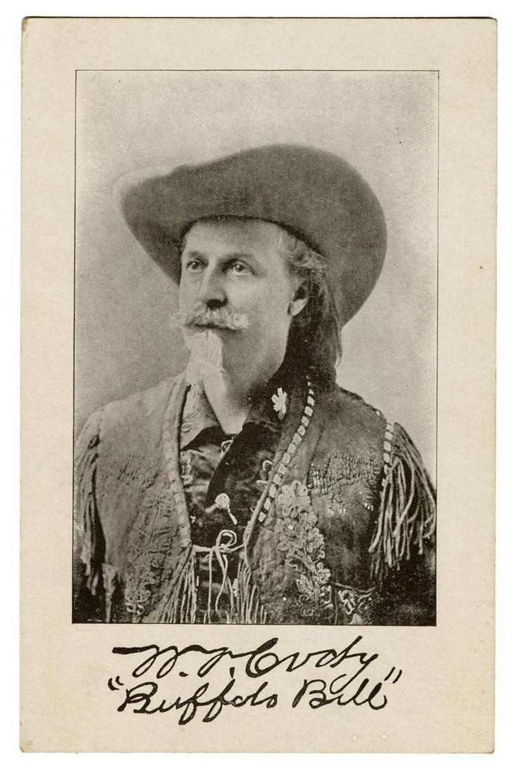 Cody, William F. Buffalo Bill Souvenir Portrait Card.: Cody, William F. Buffalo Bill Souvenir Portrait Card. N.p., ca. 1900s. Portrait of Cody with facsimile signature in margin, on cardstock. 6 ¾ x 4 ¼”. Slight crease upper left corner.