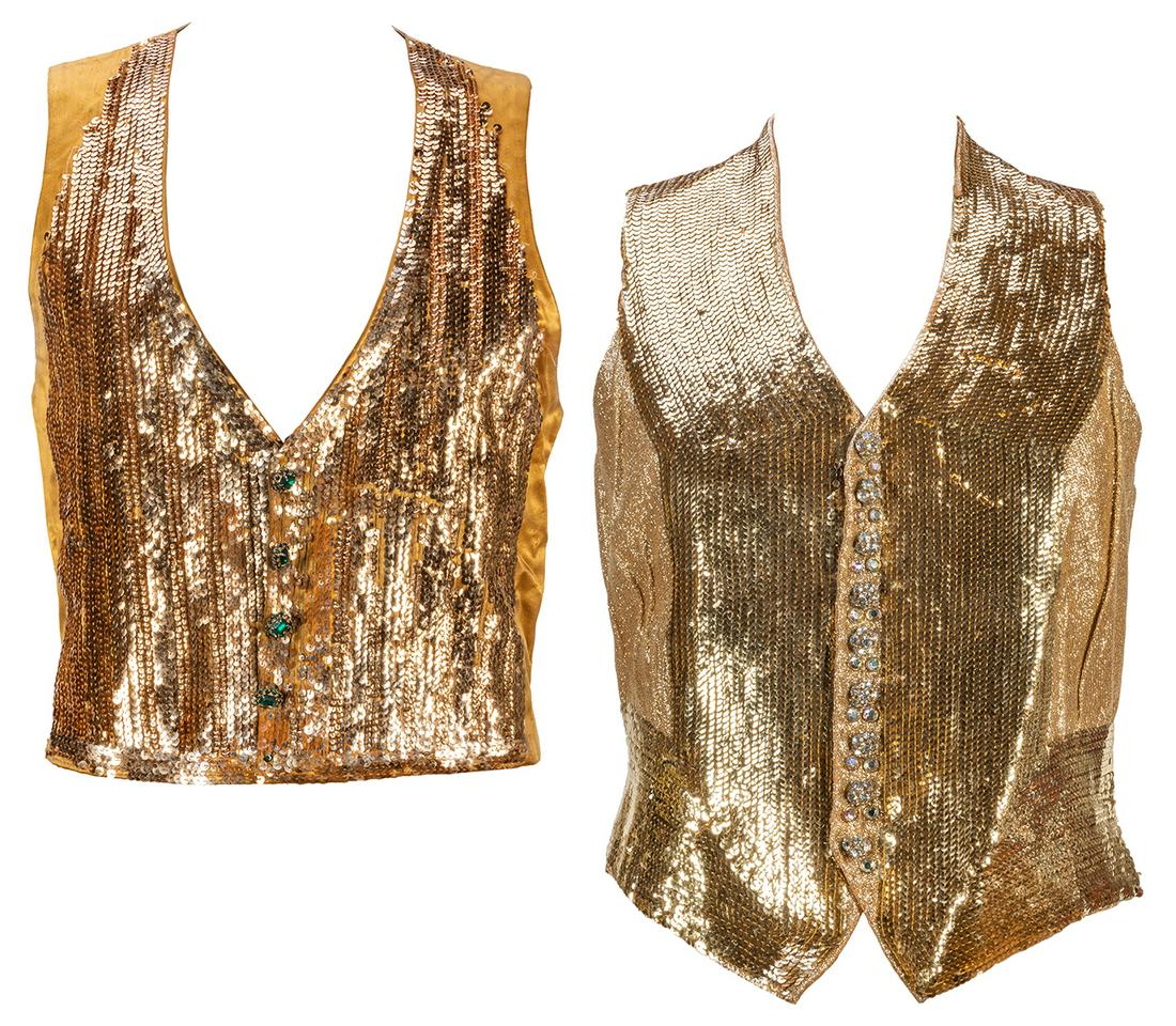 Pair of Circus Vargas Joe Pon Ringmaster Vests. Pair of: Pair of Circus Vargas Joe Pon Ringmaster Vests. Pair of rhinestone decorated vests, cream and gold, made by Brooks Van Horn and Vincent Costumes, owned and worn by Joe Pon. Retaining garment labels, w