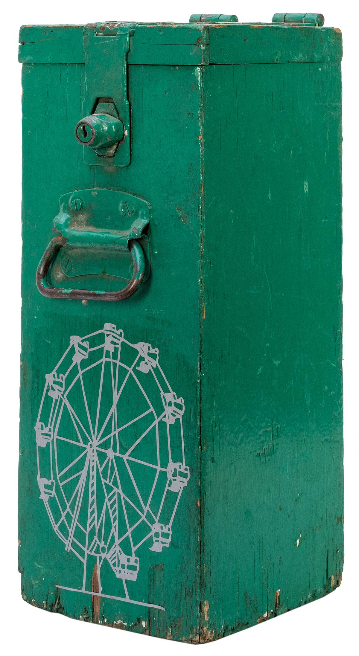 Carnival Ride Ticket Box. Oblong wooden box painted: Carnival Ride Ticket Box. Oblong wooden box painted green with a Ferris Wheel graphic to the front panel, and locking hasp (no key); used to collect tickets at a carnival. Height 19”.