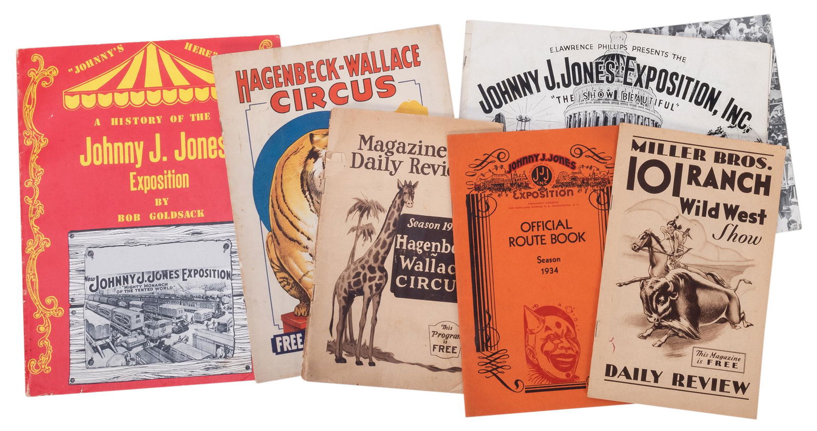Lot of Six Circus, Carnival, and Wild West Souvenir: Lot of Six Circus, Carnival, and Wild West Souvenir Programs. Including two Hagenbeck-Wallace (1927/32); three Johnny J. Jones (1934/36); and Miller Bros. Wild West (1930). Illustrated. 8vo/4to. Condi