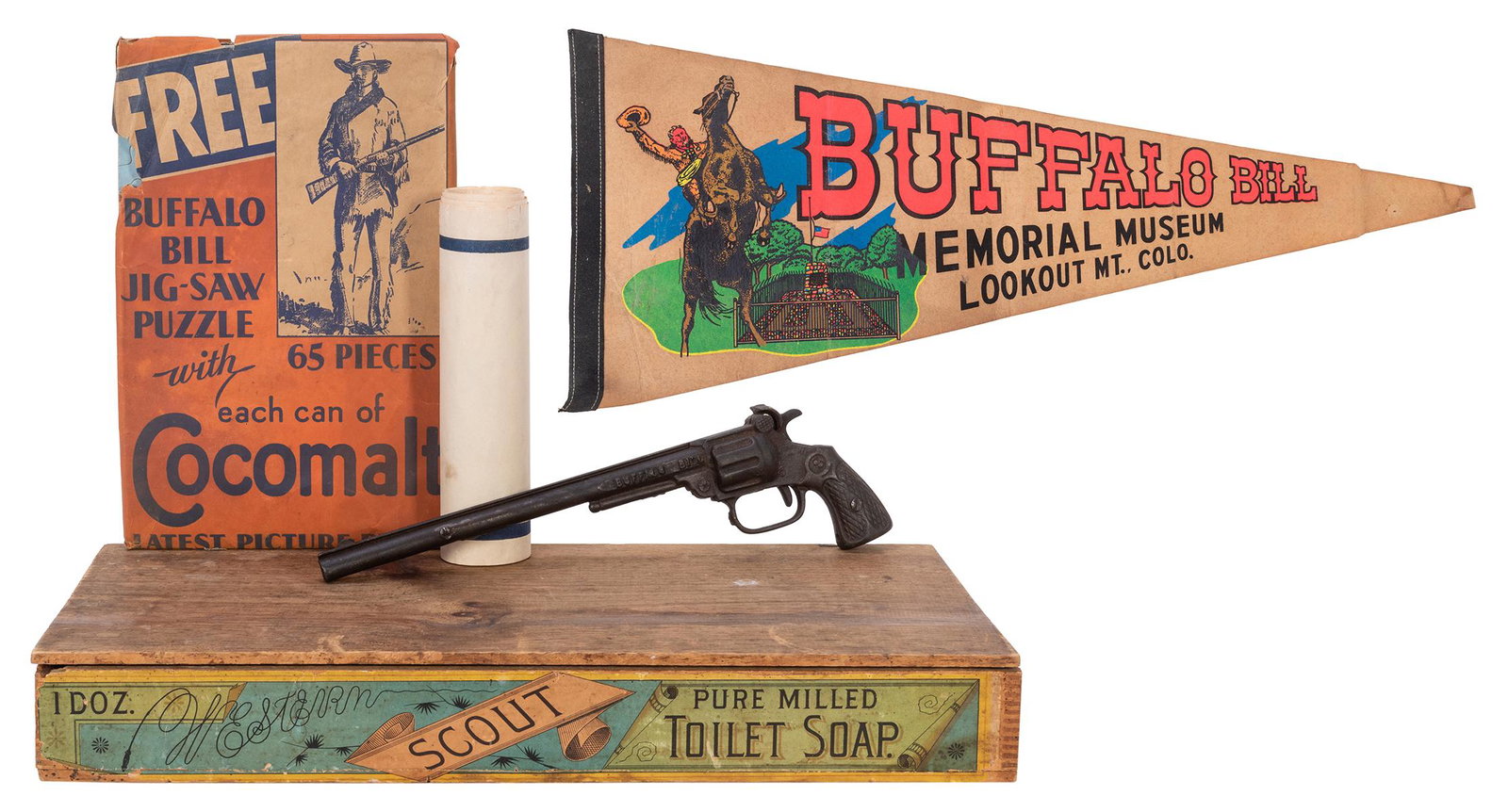 [Cody, William F.] Group of Buffalo Bill Memorabilia.: [Cody, William F.] Group of Buffalo Bill Memorabilia. Including a Western Scout Toilet Soap Box with Buffalo Bill label (late 19th century), being a wooden box for soap by Chas. S. Higgins & Son (Broo