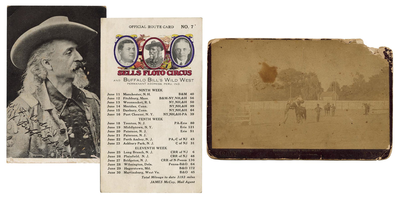 [Cody, William F.] Group of Buffalo Bill Ephemera.: [Cody, William F.] Group of Buffalo Bill Ephemera. Including a cabinet photo by Sarony (1886), depicting Cody and other men with horses [damaged corner, vertical crease through part of image; a Buffal