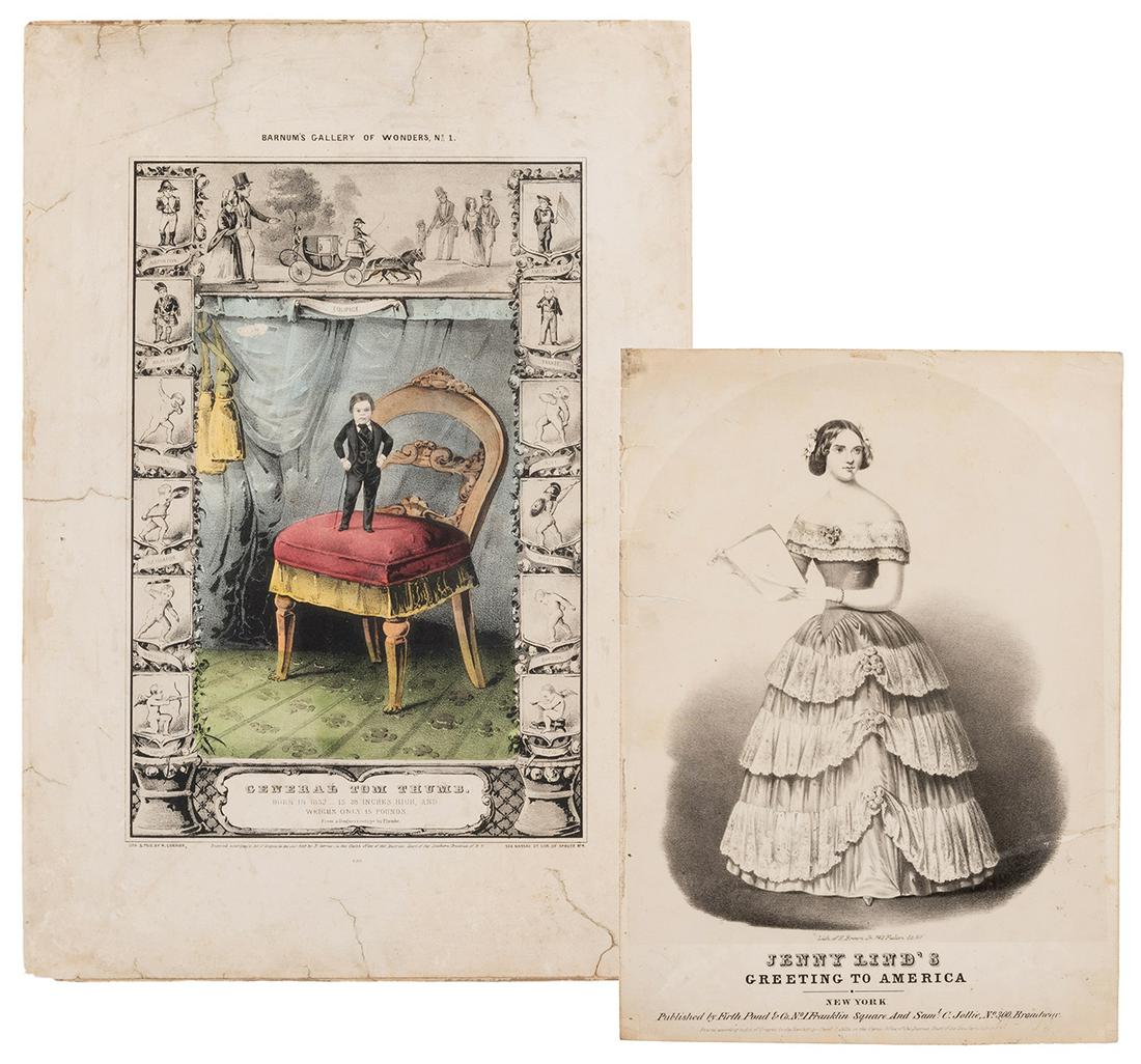 Lithographs of Tom Thumb and Jenny Lind. Including: Lithographs of Tom Thumb and Jenny Lind. Including General Tom Thumb. Barnum’s Gallery of Wonders No. 1 (Currier, 1849), 18 x 12 ½”, mounted to board with marginal tears mostly outsid