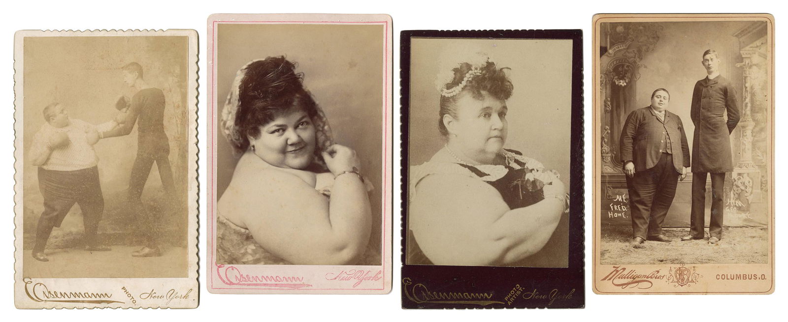 Four Cabinet Cards of Sideshow Fat and Skinny People.: Four Cabinet Cards of Sideshow Fat and Skinny People. Circa 1880s. Albumen prints on original studio mounts featuring two photos of Ida Williams at 556 lbs. and two photos of Fred Howe and George Moor
