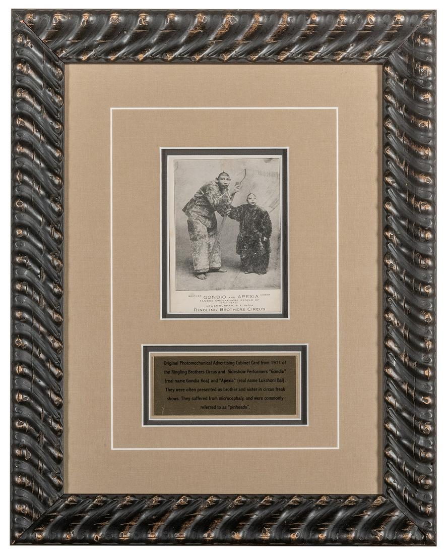 Gondio and Apexia Sideshow Pin Heads Advertising Card.: Gondio and Apexia Sideshow Pin Heads Advertising Card. [1911]. Halftone advertising card for the brother and sister Gondia Roa and Lukshoni Bai, “pin head” sideshow performers, with R