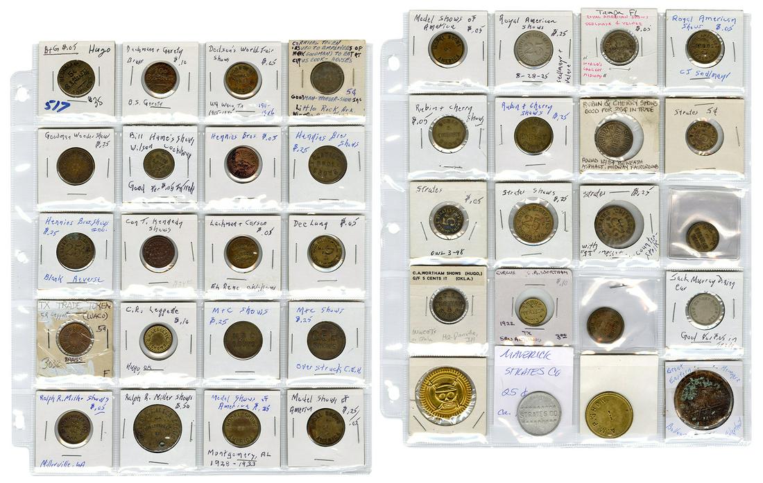 [Tokens] Collection of Railroad Carnival and Midway: [Tokens] Collection of Railroad Carnival and Midway Tokens. American, bulk early to mid-20th century. Forty tokens, various denominations, including Beckmann & Gerety, Dodson’s World Fair Shows,