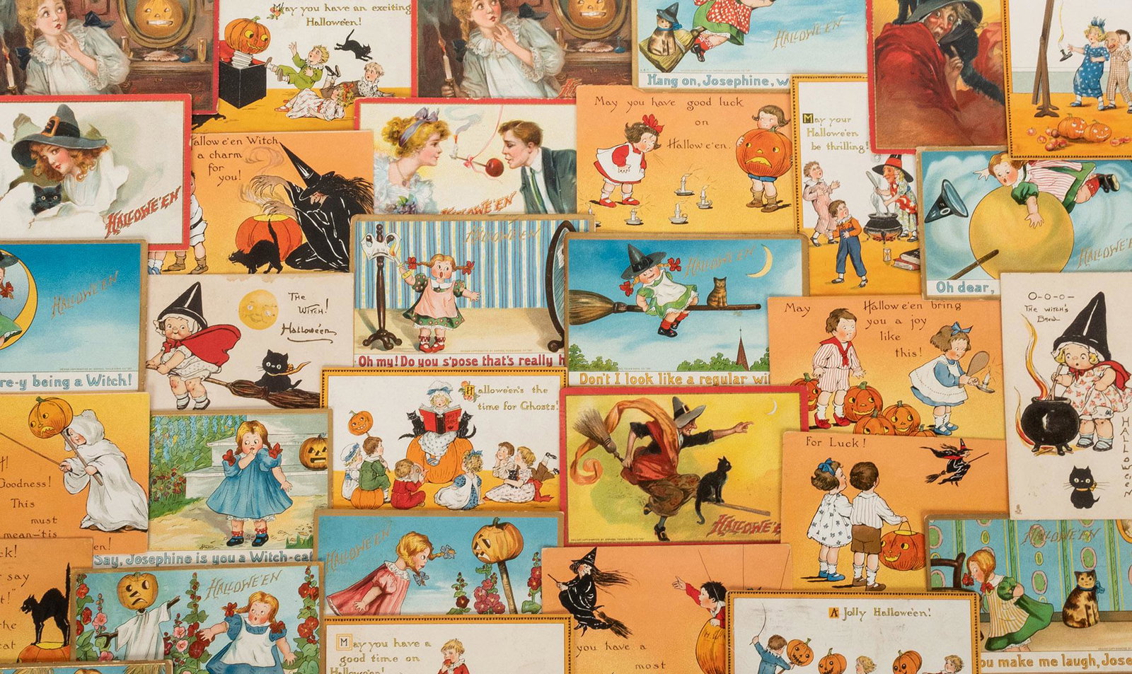 Group of 31 Raphael Tuck Halloween Postcards. Saxony,: Group of 31 Raphael Tuck Halloween Postcards. Saxony, ca. 1909. Series include Nos. 174 (6 cards); 181 (10 cards); 188 (7 cards); 190 (6 cards); and 807 (2 cards). Embossed holiday postcards majority 