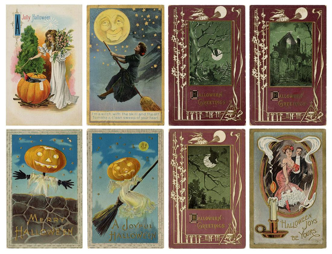 Large Group of Over 120 Early Halloween Postcards.: Large Group of Over 120 Early Halloween Postcards. USA/Germany, ca. 1900s/30s. A massive assortment depicting colorful images of black cats, Jack-O’-lanterns, witches on broomsticks, cauldrons, 