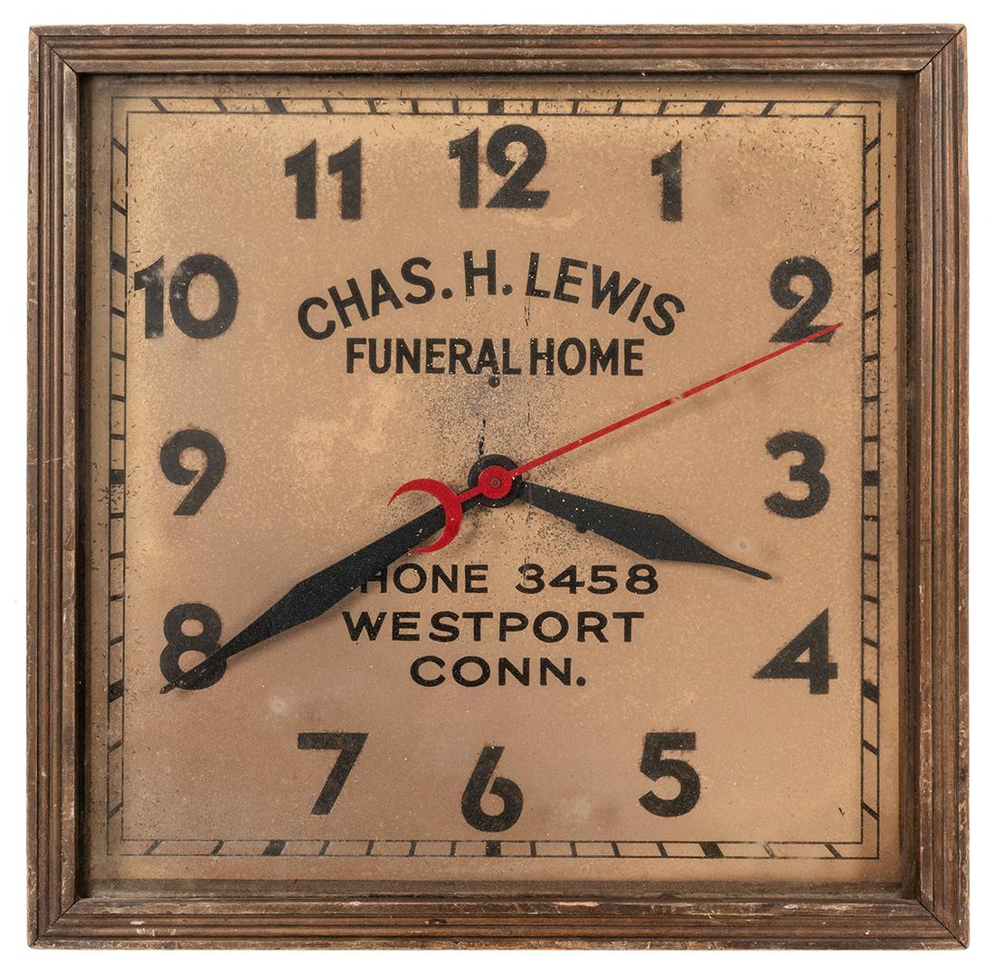 Chas. H. Lewis Funeral Home Advertising Clock. USA, ca.: Chas. H. Lewis Funeral Home Advertising Clock. USA, ca. 1950s. Square wall clock advertising the Westport, CT funeral home. 15 ½ x 15 ½ x 3 ½”. Wooden cabinet with metal face, gla