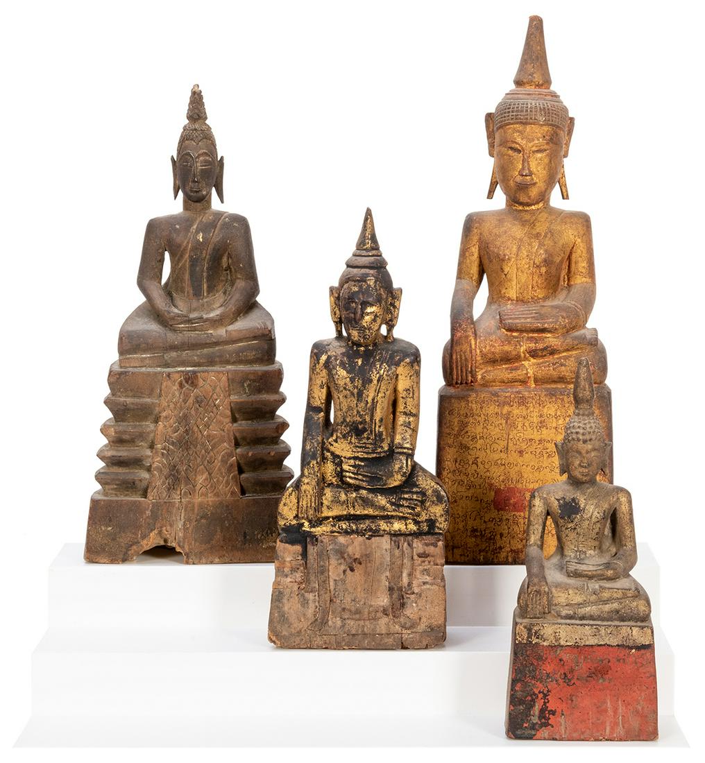 Four Small Burmese Gilt Wooden Buddhas. Mid-20th: Four Small Burmese Gilt Wooden Buddhas. Mid-20th century. These would have functioned in a household shrine. Tallest, 12”.