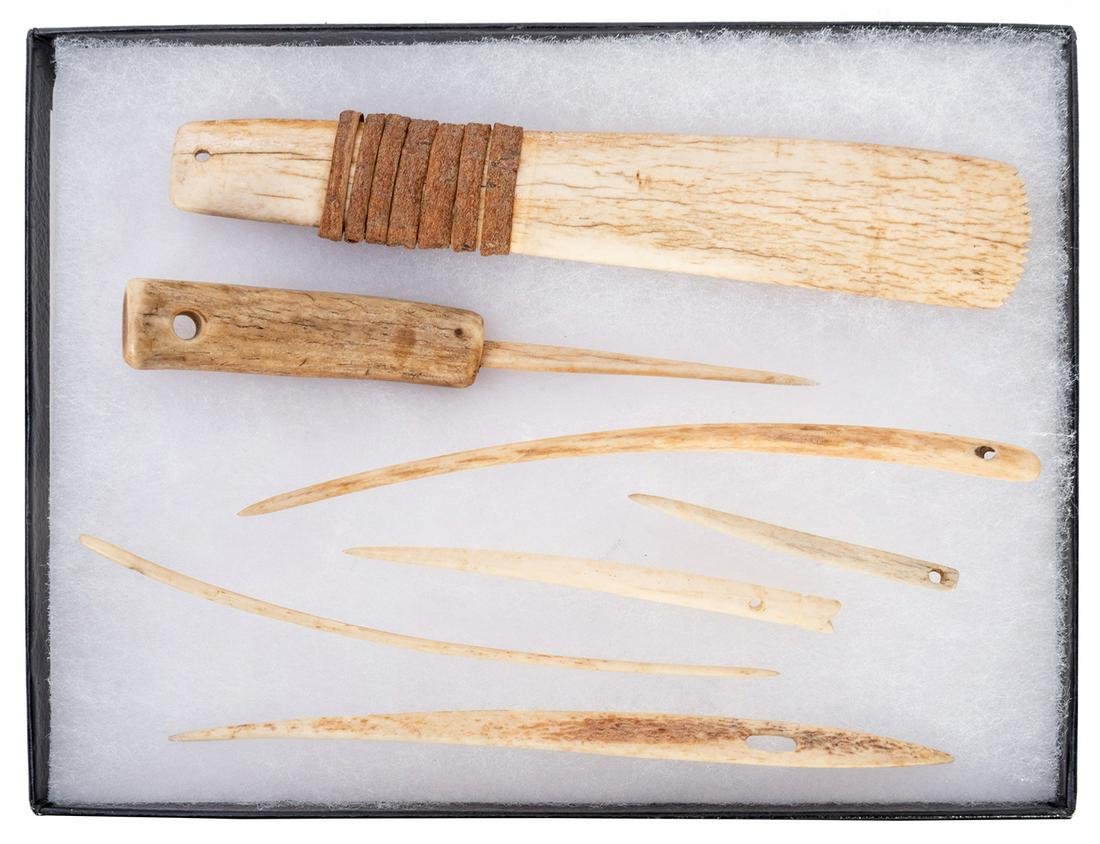 Inuit Bone Sewing Kit. 7 bone needles or scrappers.: Inuit Bone Sewing Kit. 7 bone needles or scrappers. Largest length, 6 ½”.