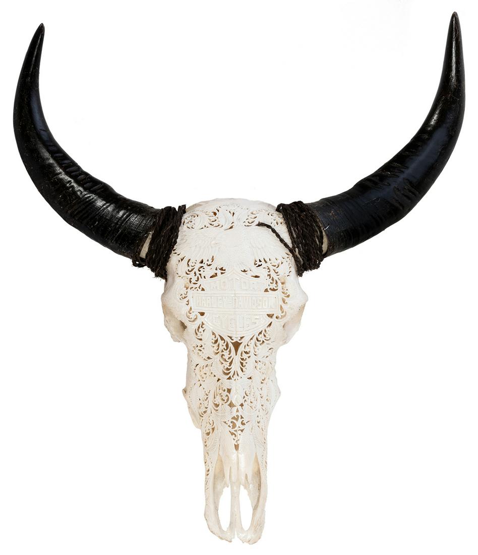 Carved Buffalo / Bull Skull with Harley-Davidson Logo.: Carved Buffalo / Bull Skull with Harley-Davidson Logo. Intricately carved skull with horns, with Harley-Davidson eagle and logo at center. Overall 32 x 28”.