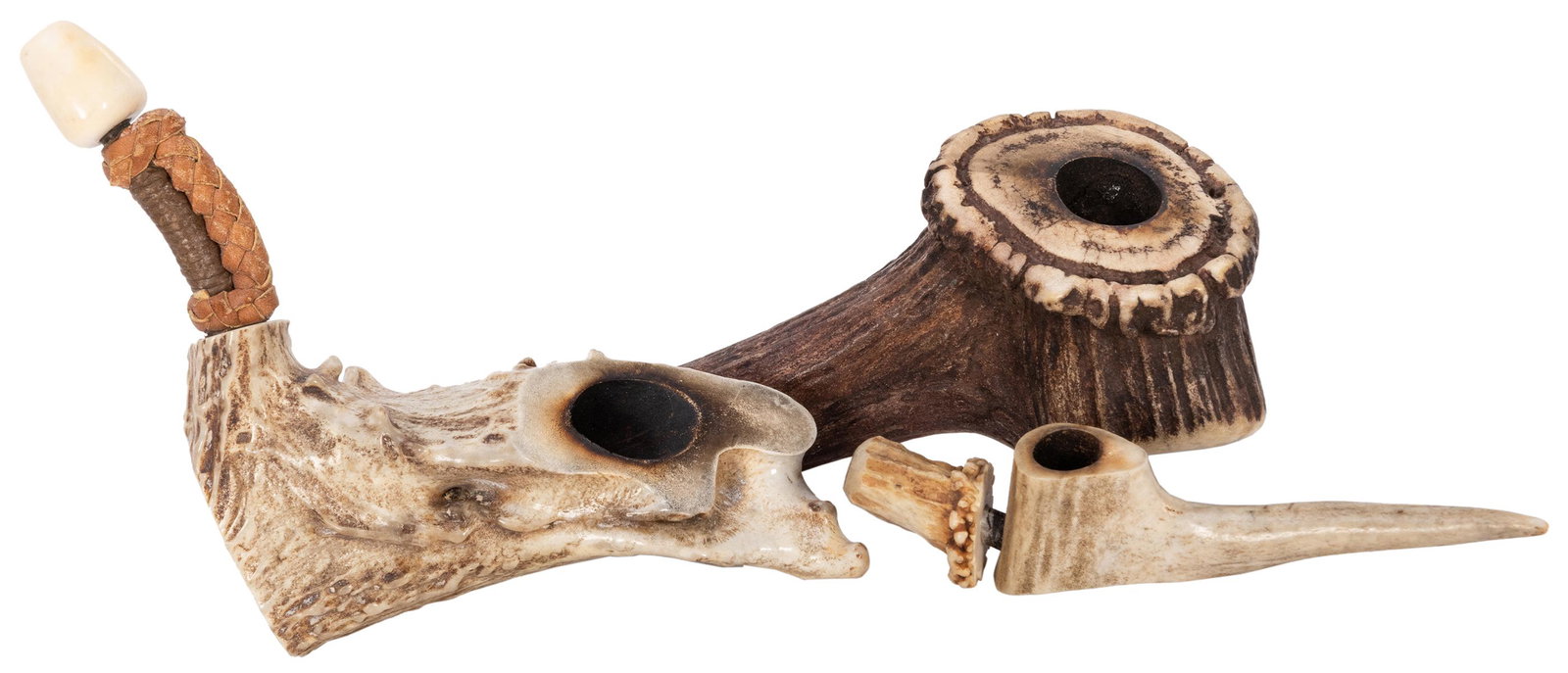 Trio of Antler / Stag Pipes. Carved and polished antler: Trio of Antler / Stag Pipes. Carved and polished antler smoking pipes, size of longest 5 ¾”.
