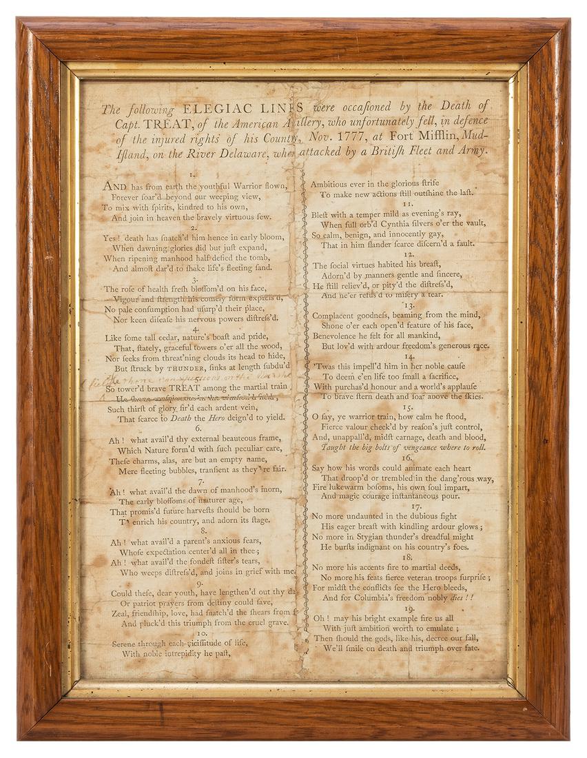 [AMERICAN REVOLUTION] [TREAT, Samuel] Elegiac: [AMERICAN REVOLUTION] [TREAT, Samuel] Elegiac Lines…occasioned by the Death of Capt. Treat, of the American Artillery, who unfortunately fell, in the defence of the injured rights of his Country, No