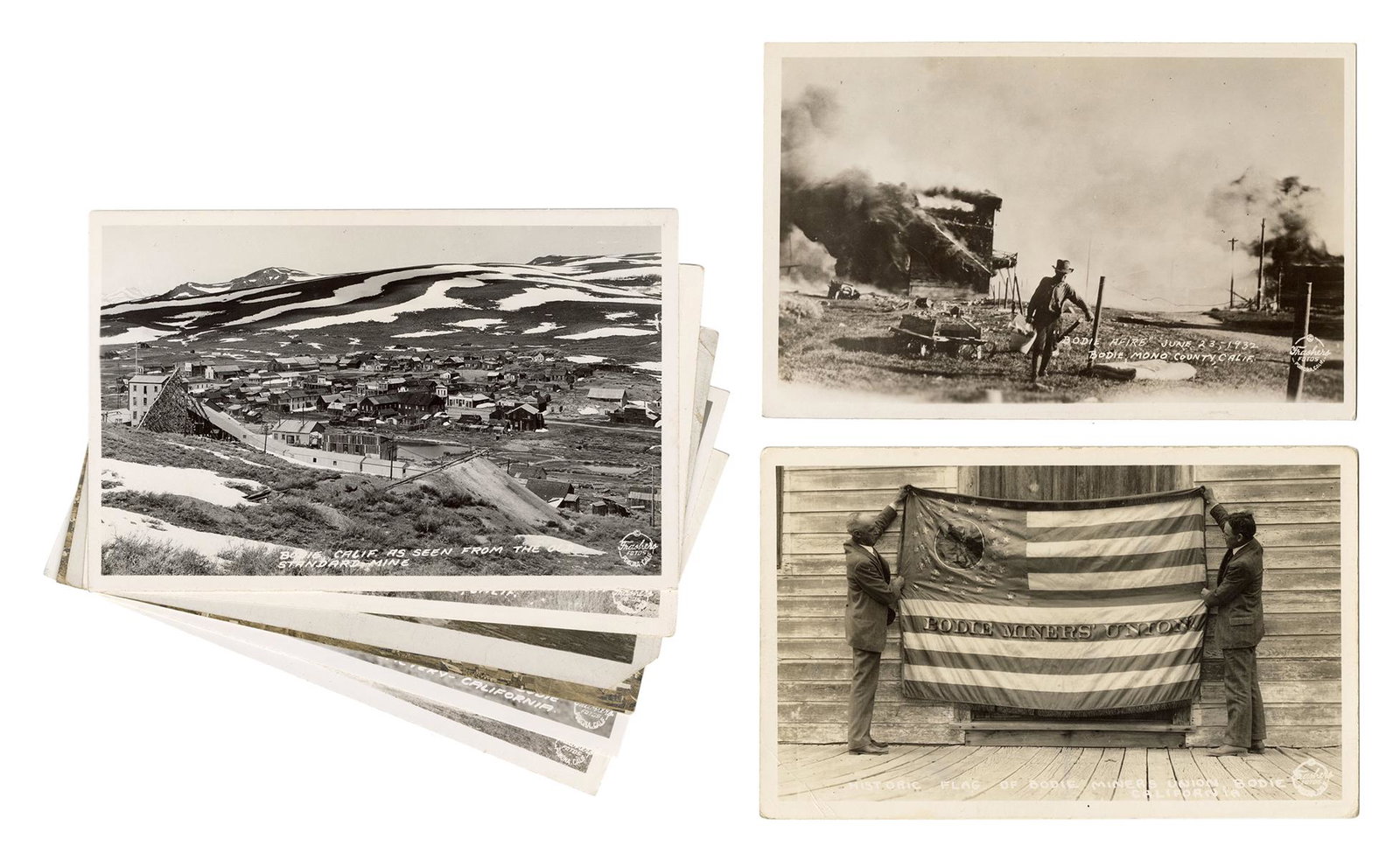 [MINING] Nine Real Photo Postcards of West Coast: [MINING] Nine Real Photo Postcards of West Coast Goldmining Towns. California and Nevada, ca. 1910s/30s. Bulk includes the town of Bodie, California; which, at the time, was a booming goldmining town.