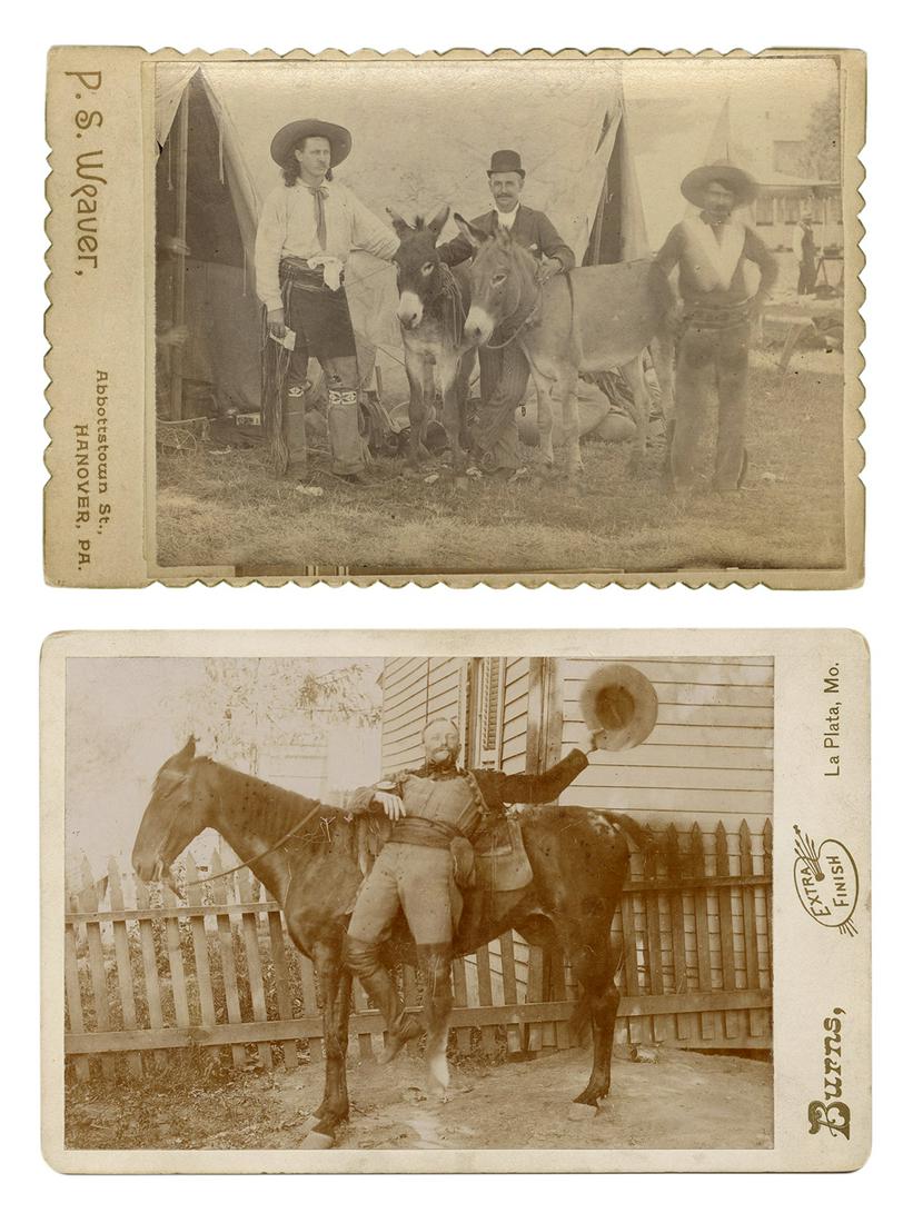 [WESTERN AMERICANA] Two Cabinet Card Photographs of: [WESTERN AMERICANA] Two Cabinet Card Photographs of Cowboys. P.S. Weaver/ Burns, 1880s. Albumen prints on original studio mounts. One image depicts a man dismounting from his horse, the other shows tw