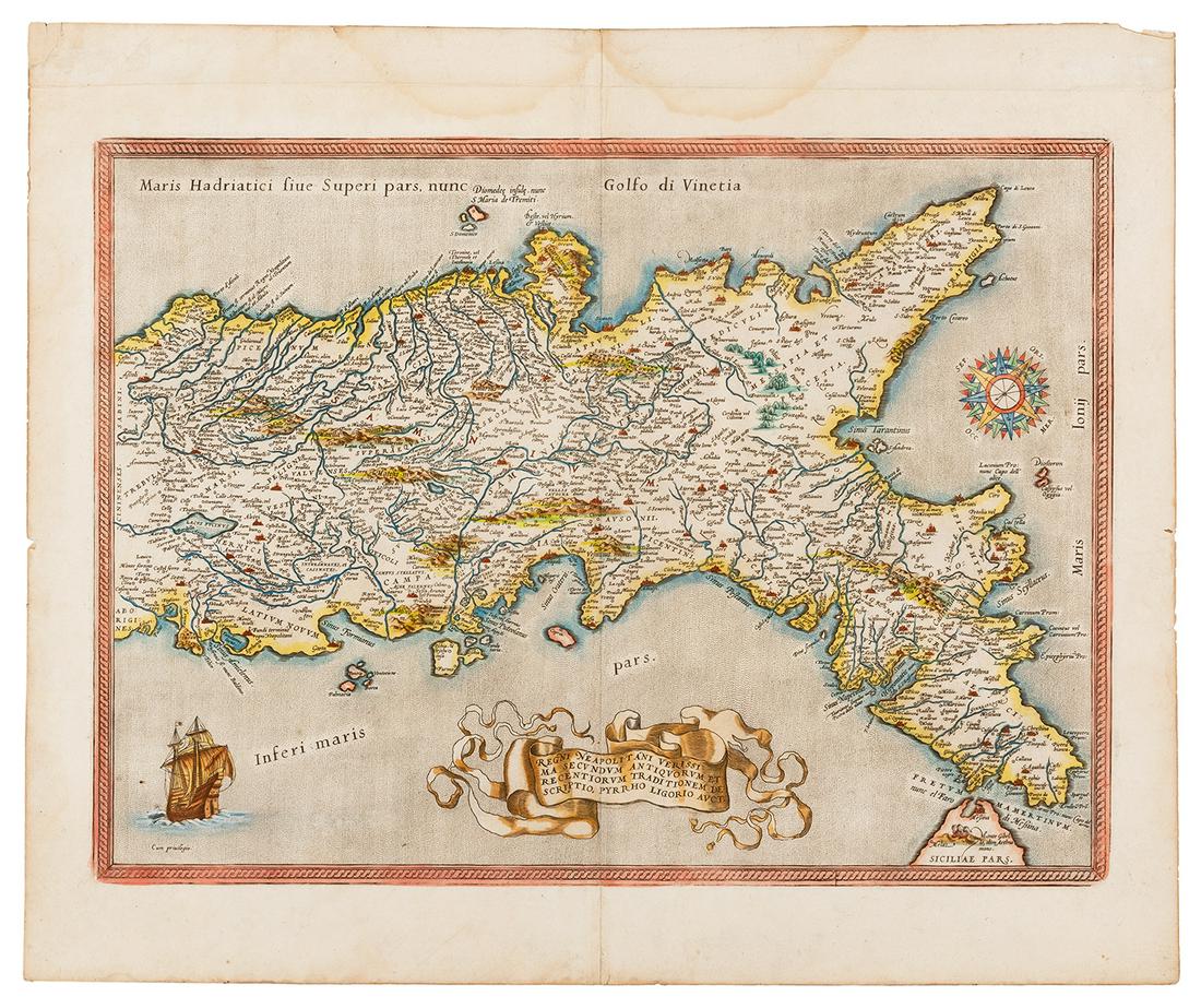 ORTELIUS, Abraham (1527–1580). [Italy] Regini: ORTELIUS, Abraham (1527Â–1580). [Italy] Regini Neapolitani Verissima Secundum Antiquorum et Recentiorum Traditionem Descripto, Pyrrho Ligorio Acut. Antwerp, 1598. 525 copies printed. Hand-colored e