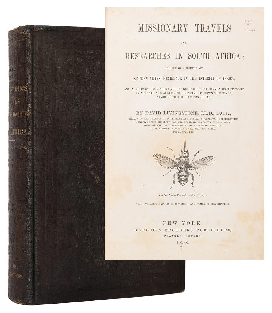 LIVINGSTONE, David (1813–1873). Missionary Travels and: LIVINGSTONE, David (1813–1873). Missionary Travels and Researches in South Africa… New York: Harper & Brothers, 1858. 8vo. FIRST AMERICAN EDITION. Steel-engraved portrait frontispiece, illustrated