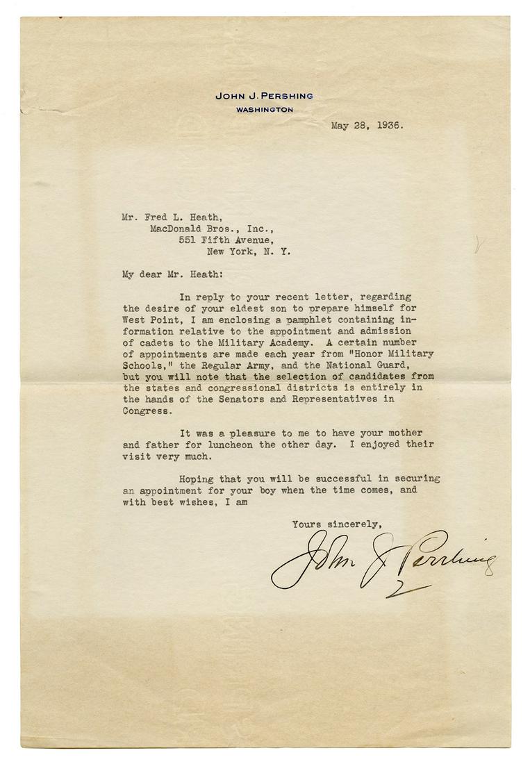 PERSHING, John Joseph (1860-1948). Typed Letter Signed: PERSHING, John Joseph (1860-1948). Typed Letter Signed by General John J. Pershing. Dated May 28, 1936. Pershing replies to a Mr. Fred L. Heath with information regarding admission into West Point Mil