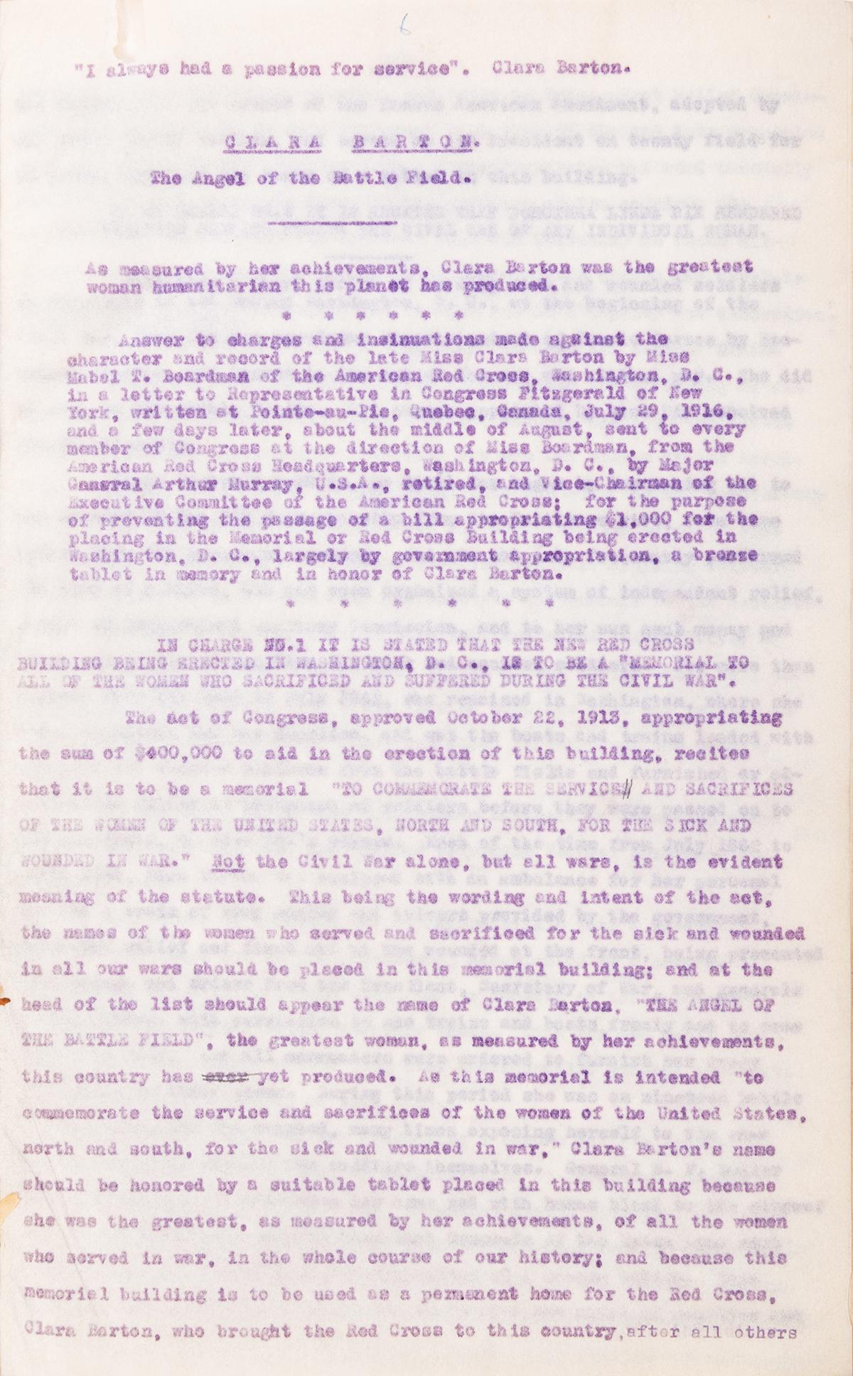 BARTON, Clara (1821–1912), SEARS, General William Henry: BARTON, Clara (1821–1912), SEARS, General William Henry (1858–1933). Typescript Character Reference Defending Clara Barton. November 27, 1916. 163 typed pages of statements written and compiled by