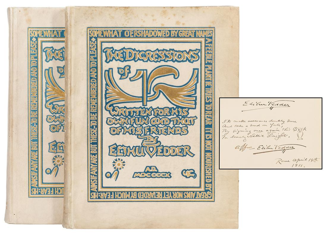 VEDDER, Elihu (1836–1923). The Digressions of V,: VEDDER, Elihu (1836–1923). The Digressions of V, [autograph edition with additional holograph poem and drawing by Vedder]. Boston/New York: Houghton Mifflin Company, 1910. 2 volume set. 4to. Printed