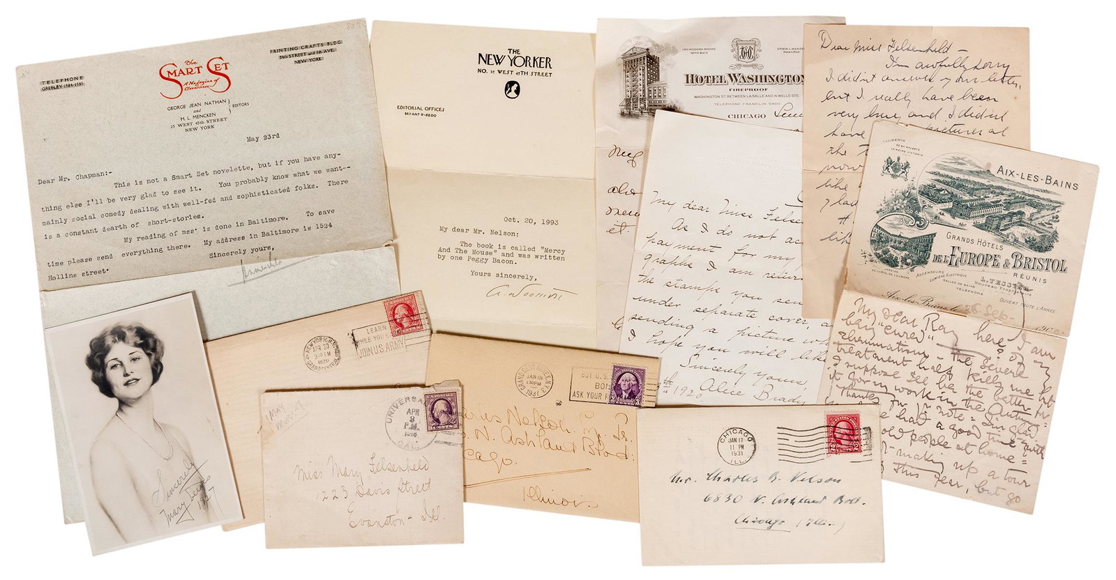 Collection of Stage Performer Letters and Ephemera.: Collection of Stage Performer Letters and Ephemera. Includes an ALS by Ellen Terry (1900); Gertrude Lawrence ALS with envelope; Alexander Woolcott TLS; George Jean Nathan TLS; Alice Brady ALS (1920); 