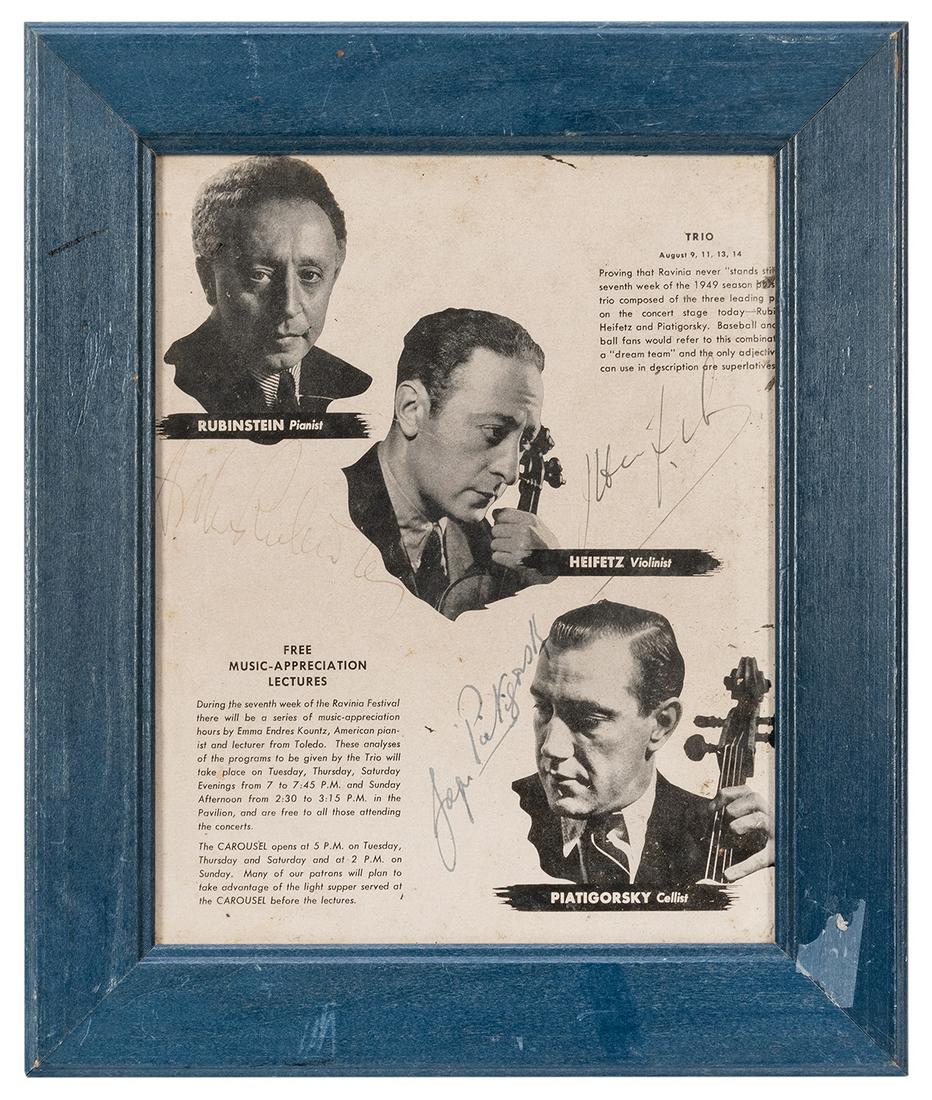 Jascha Heifetz, Arthur Rubinstein, and Gregor: Jascha Heifetz, Arthur Rubinstein, and Gregor Piatigorsky Signed Lecture Advertisement. [Chicago, 1949]. Single leaf from a program advertising the trio's performance at the Ravinia Festival, signed b