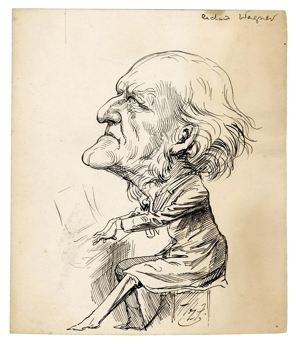 [WAGNER, Richard]; FURNISS, Harry (1854-1925). Original: [WAGNER, Richard]; FURNISS, Harry (1854-1925). Original Ink Portrait of Richard Wagner. Pen and ink on paper, initialed lower right of image. 6 x 5 1/8". A little toned along right edge.