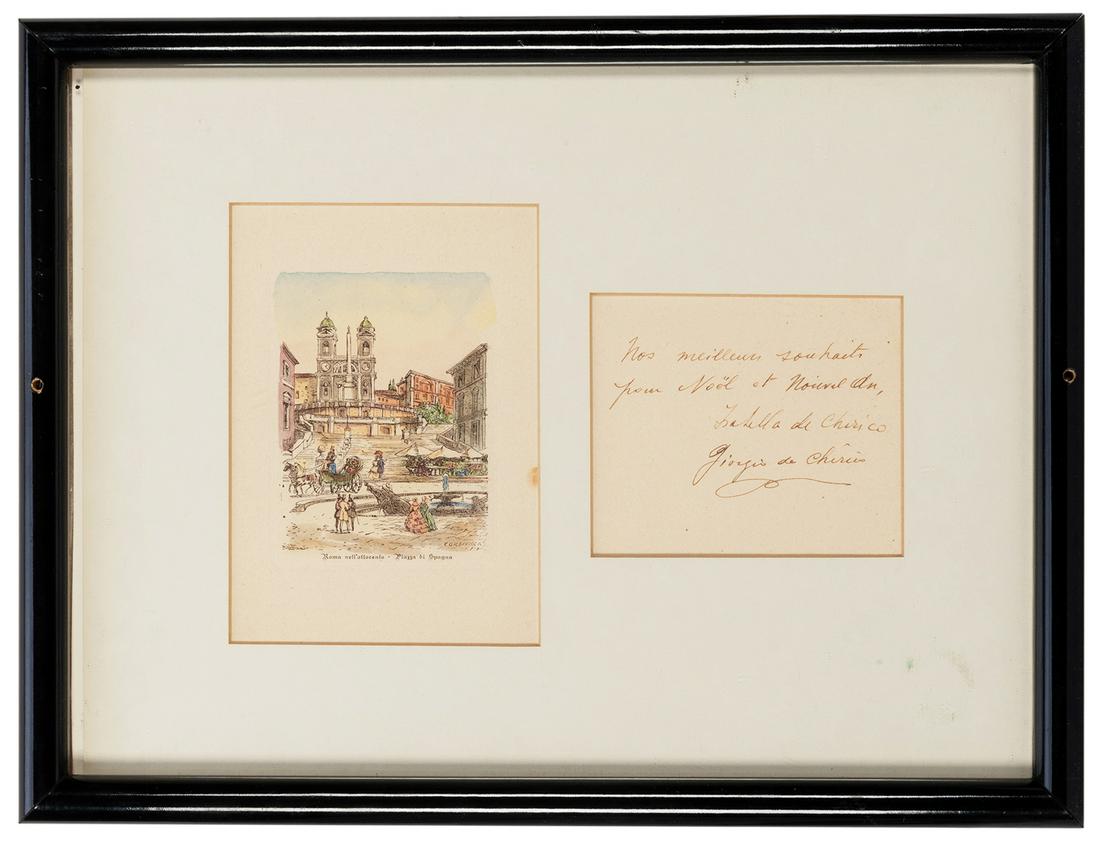 CHIRICO, Giorgio de (1888-1978). Signed Christmas: CHIRICO, Giorgio de (1888-1978). Signed Christmas Greeting by Giorgio de Chirico. The surrealist artist's Christmas card, depicting the Spanish Steps in Rome, inscribed and signed by Isabel, his wife,