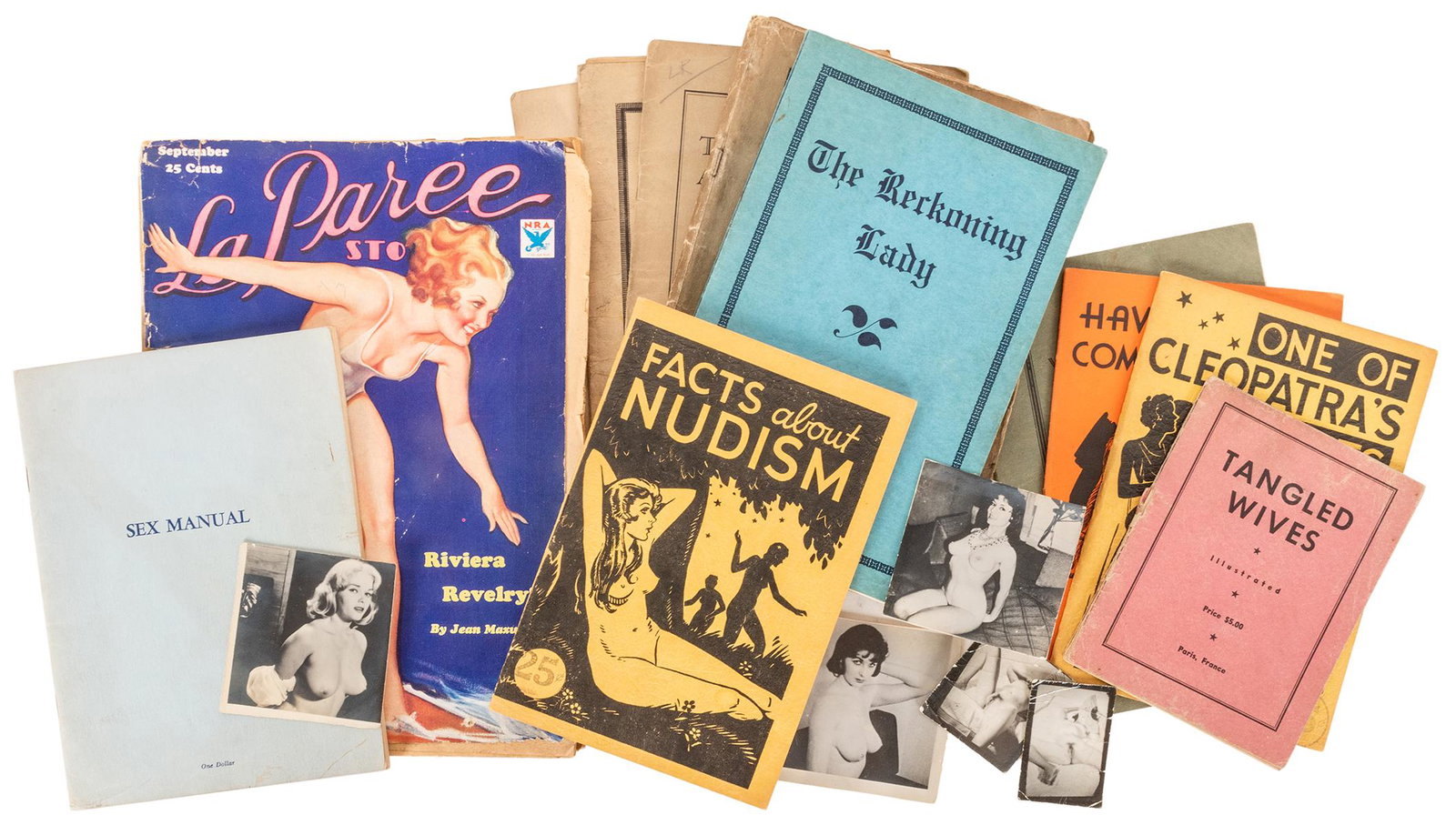 [EROTICA] Group of Erotic Chapbooks, Photographs, and: [EROTICA] Group of Erotic Chapbooks, Photographs, and Ephemera. Includes 13 chapbooks and magazines with titles such as Facts About Nudism by Hugh Morris (1935); One of Cleopatra's Nights by Theophile