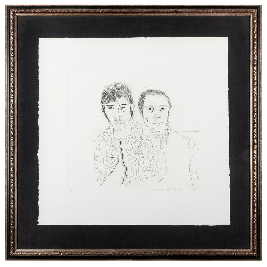 HOCKNEY, David (English, b. 1937). Ossie and Mo: HOCKNEY, David (English, b. 1937). Ossie and Mo (Scottish Arts Council, Tokyo 64). Etching, 1968, signed and dated in pencil, numbered 4/75, printed by Maurice Payne, published by Petersburg Press, on