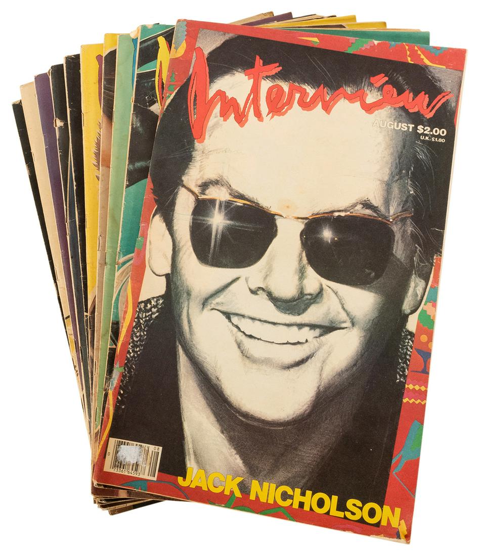 [INTERVIEW MAGAZINE] Group of Ten Interview Magazines.: [INTERVIEW MAGAZINE] Group of Ten Interview Magazines. Founded by Andy Warhol, ca. 1980s. Folio. Profusely illustrated including colorful cover images of celebrities that include Jane Fonda, Grace Jon