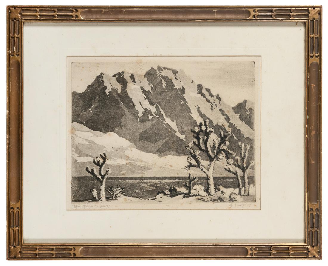 KLINKER, Orpha Mae (American, 1891–1964). Winter: KLINKER, Orpha Mae (American, 1891–1964). Winter Touches the Desert. Circa 1934. Etching and aquatint, pencil signed and titled in lower margin. Period frame. Image area, 7 ½ x 9 ½". Light scatter