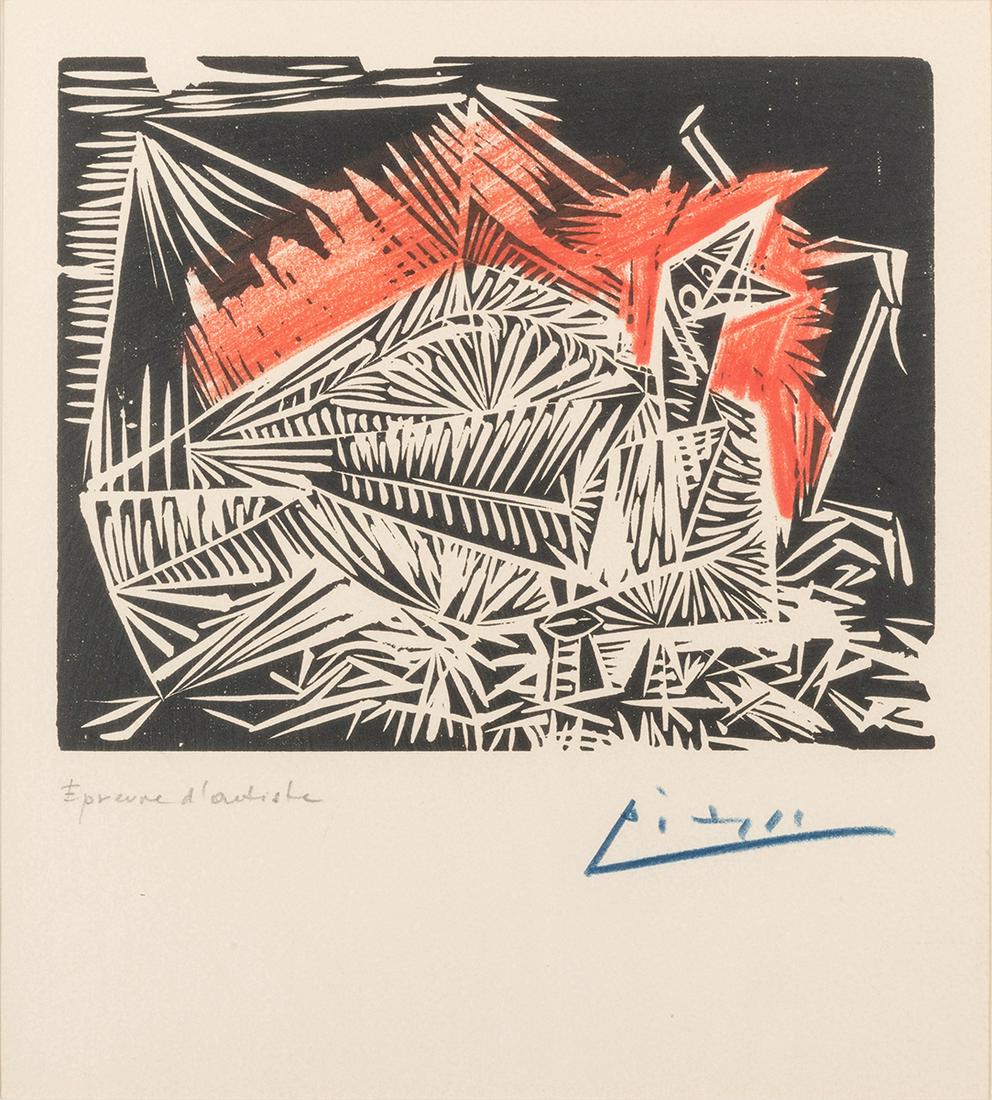 PICASSO, Pablo (1881–1973). Le Pigeonneau, artist proof: PICASSO, Pablo (1881–1973). Le Pigeonneau, artist proof hand-colored by Picasso. Paris: Jonquières and Berggruen, 1939. Printed by Robert Blanchet. One of only a few artist proofs from the deluxe e