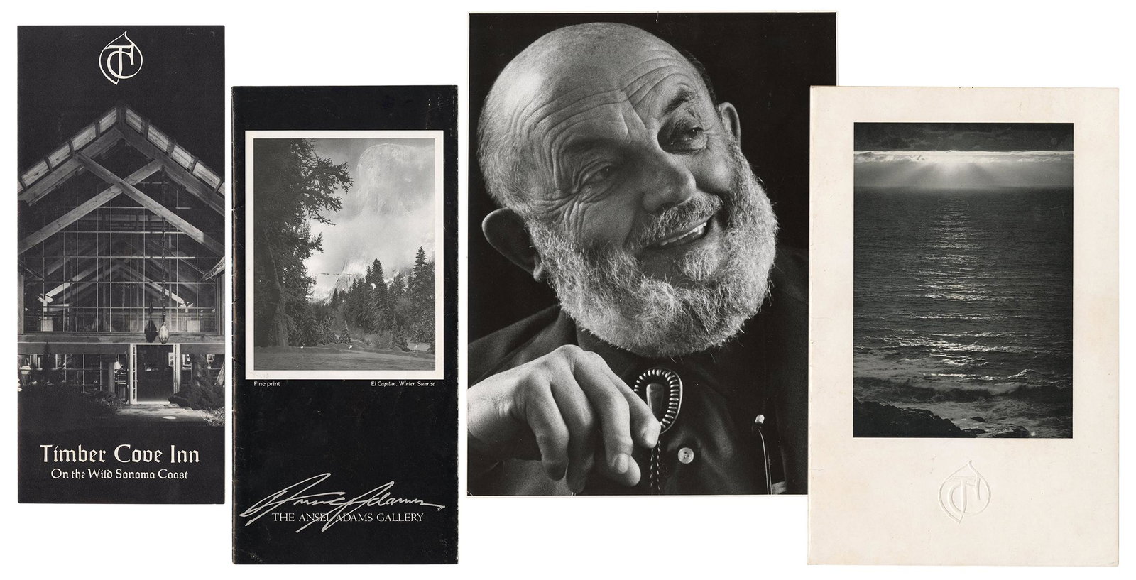 ADAMS, Ansel (1902–1984). Group of Ansel Adams: ADAMS, Ansel (1902–1984). Group of Ansel Adams Ephemera. Including a black & white photograph of Adams with studio notations to verso; Ansel Adams Gallery brochure with a notice from Jeanne Adams; a