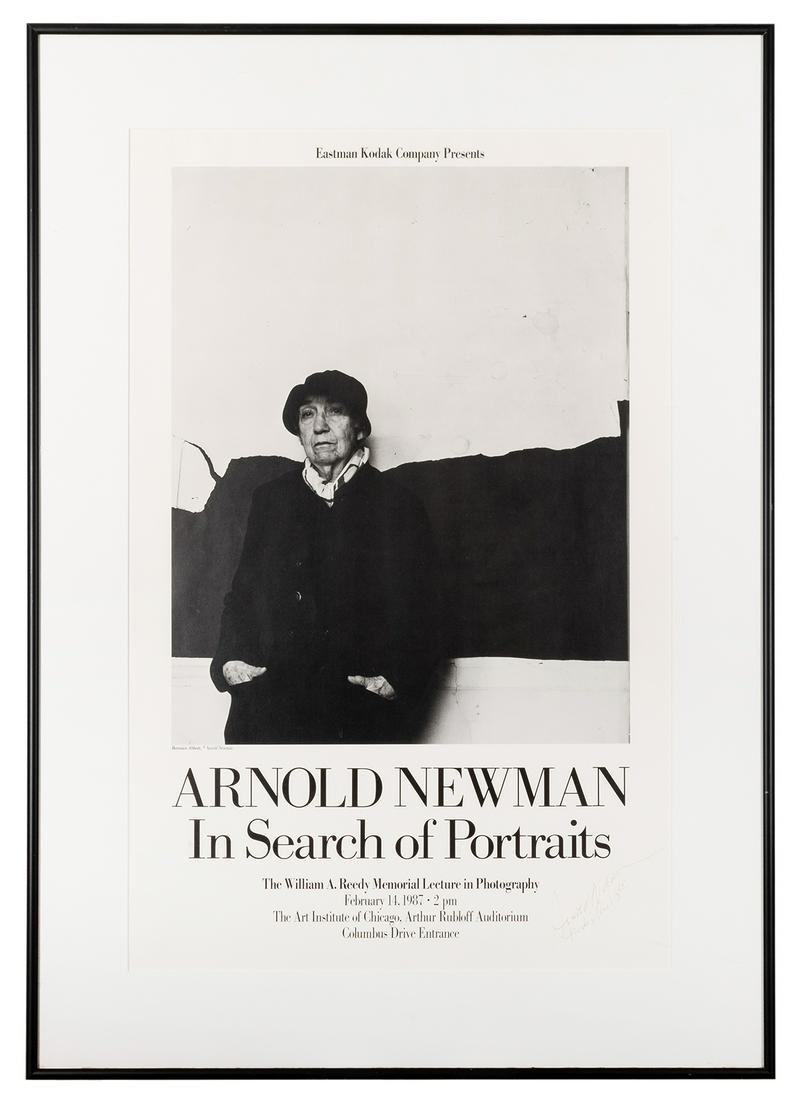NEWMAN, Arnold (1918–2006). Signed Arnold Newman “In: NEWMAN, Arnold (1918–2006). Signed Arnold Newman "In Search of Portraits" Exhibition/Lecture Poster. The Art Institute of Chicago, 1987. Illustrated from a black & white photograph by Newman, SIGNED