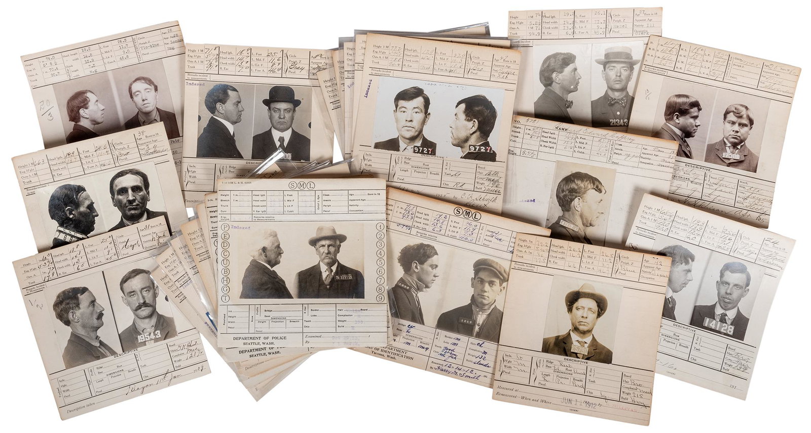 [CRIME–MUGSHOTS] Group of 29 Criminal Mugshot: [CRIME–MUGSHOTS] Group of 29 Criminal Mugshot Photographs, many from Folsom Prison. San Francisco/Seattle, ca. 1900s/10s. Original double mugshot photos (face and profile) of male criminals sentence