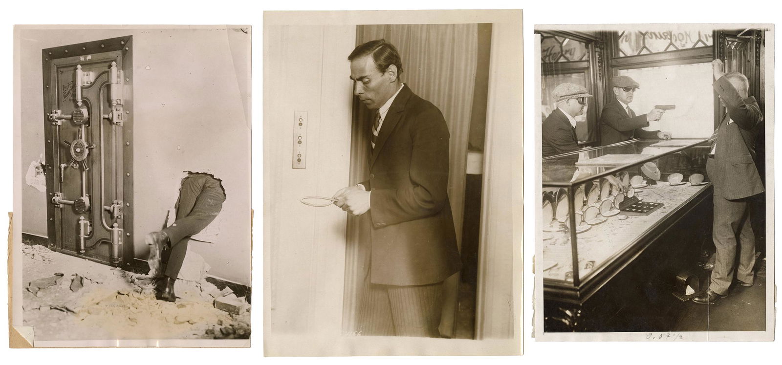 [CRIME] Trio of Robbery / Stick-Up Photographs. 1920s.: [CRIME] Trio of Robbery / Stick-Up Photographs. 1920s. Including one photograph of a simulated "holdup" at a jewelry shop in New York, where police demonstrated a new type of tear gas shopkeepers coul