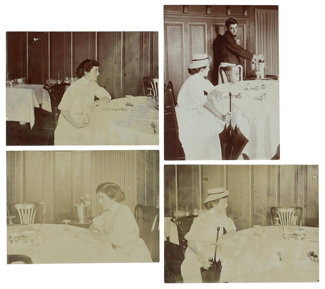[CRIME] Four Photographs of a Woman Stealing Tableware.: [CRIME] Four Photographs of a Woman Stealing Tableware. [Philadelphia, ca. 1910s]. Glossy press photos of a woman stealing items such as a spoon and a salt shaker and hiding them up her sleeve or in h